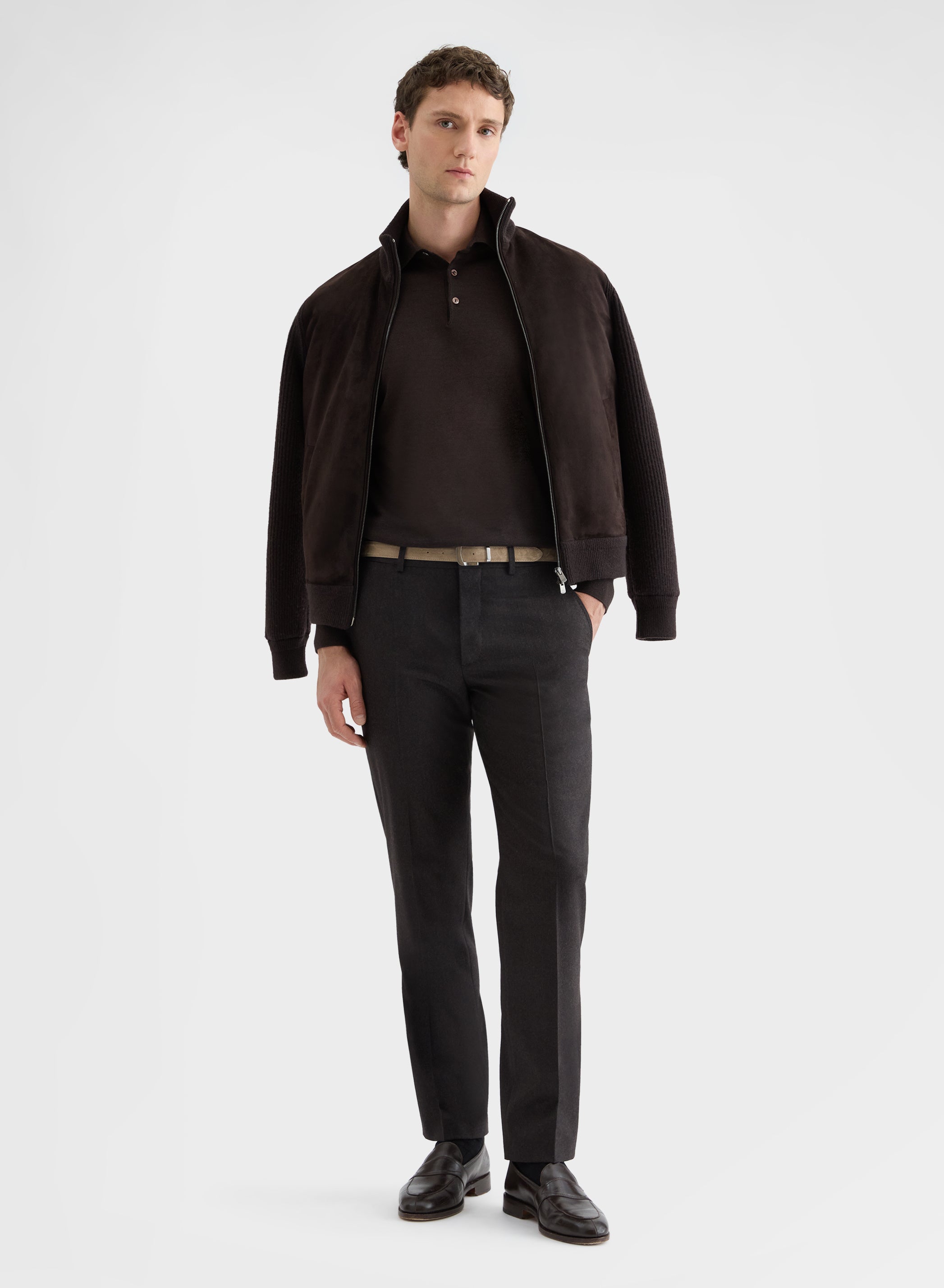 FINE WOOL SILK CASHMERE LONG SLEEVE POLO EBONY