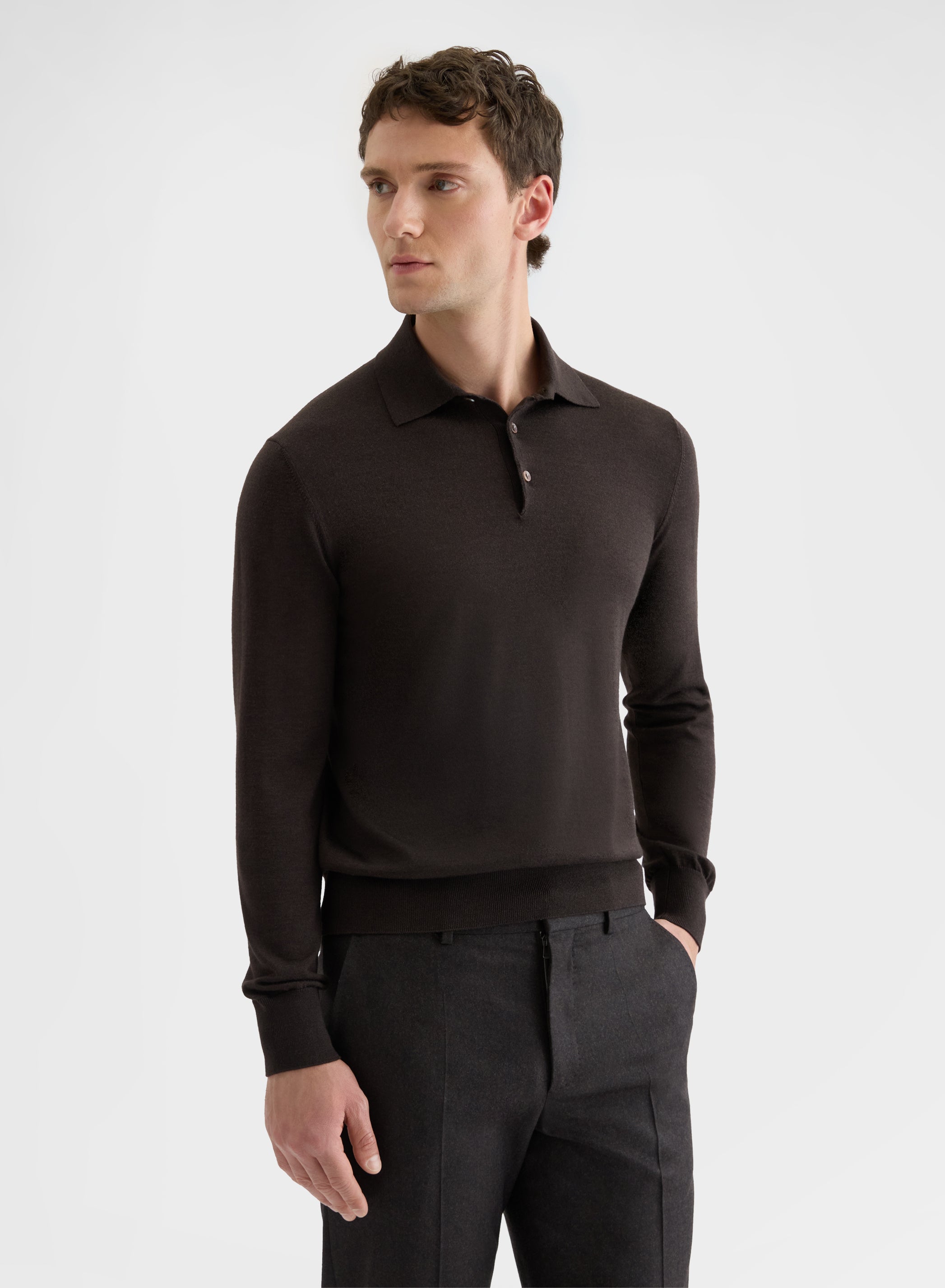 FINE WOOL SILK CASHMERE LONG SLEEVE POLO EBONY