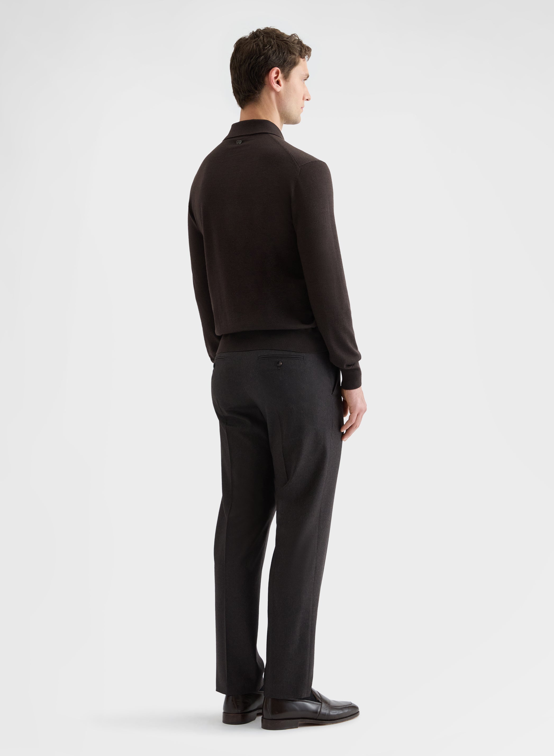 FINE WOOL SILK CASHMERE LONG SLEEVE POLO EBONY