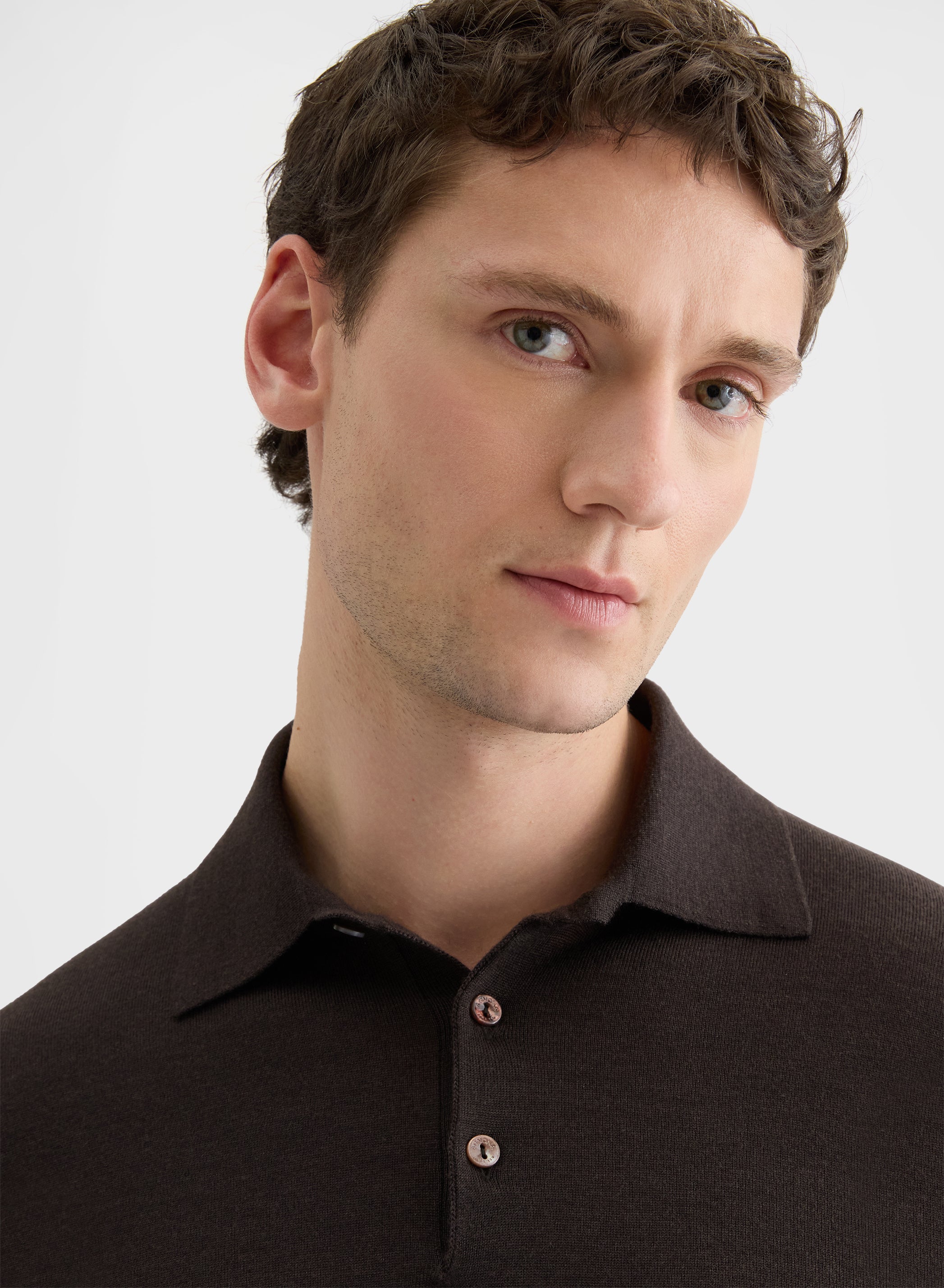 FINE WOOL SILK CASHMERE LONG SLEEVE POLO EBONY