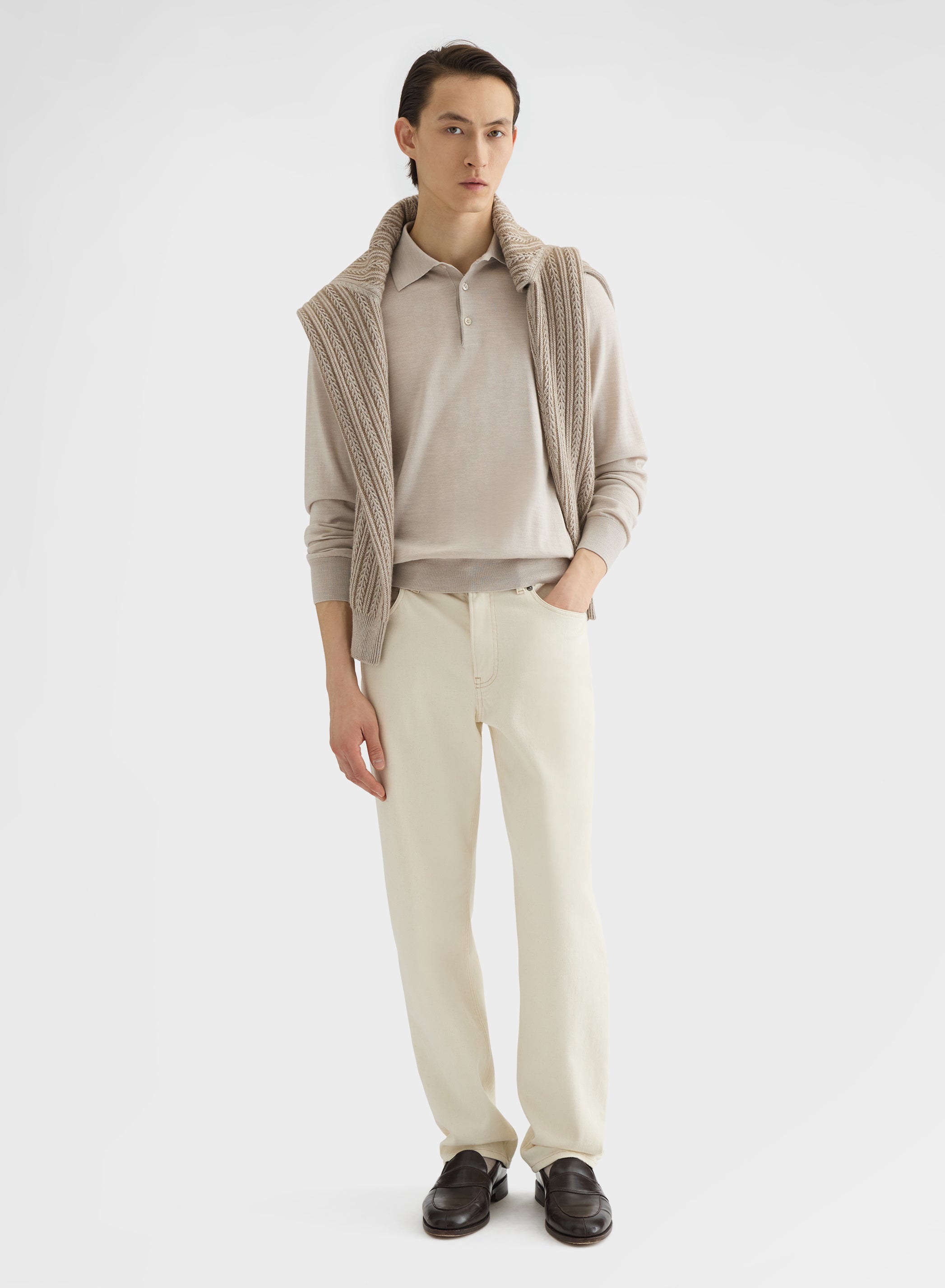 FINE WOOL SILK CASHMERE LONG SLEEVE POLO GREIGE