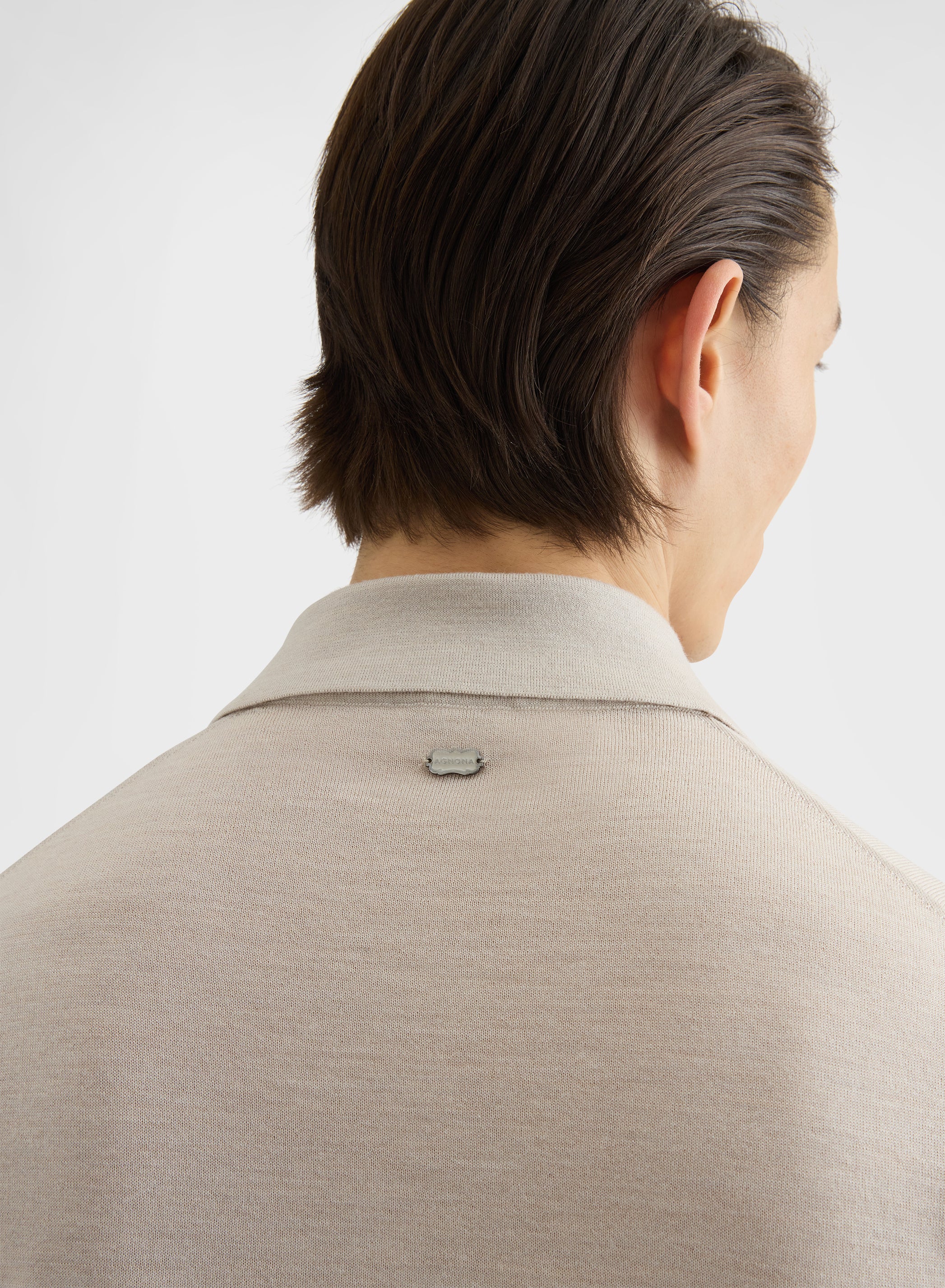 FINE WOOL SILK CASHMERE LONG SLEEVE POLO GREIGE