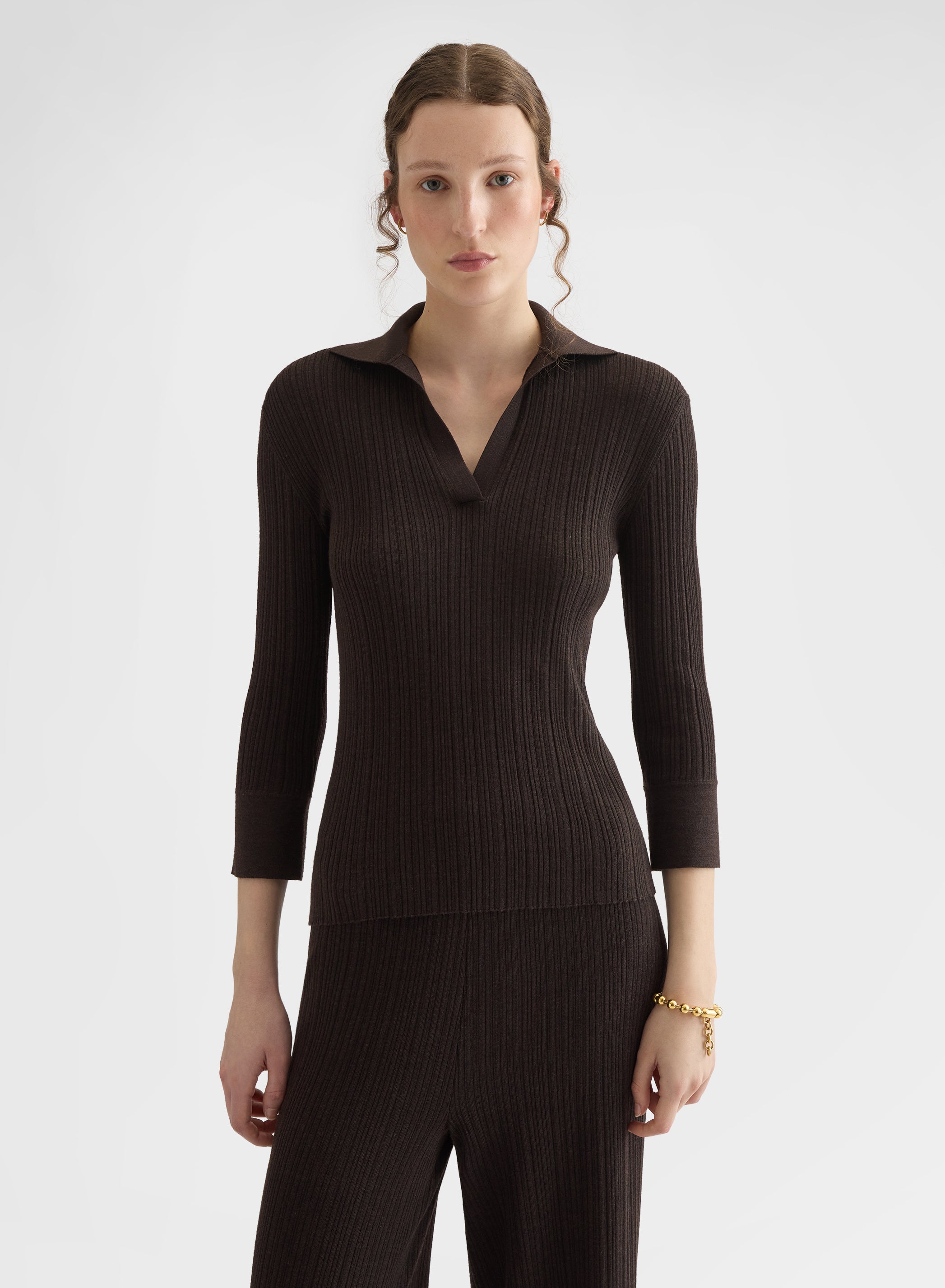 CASHMERE WOOL SILK CORTECCIA STITCH POLO EBONY