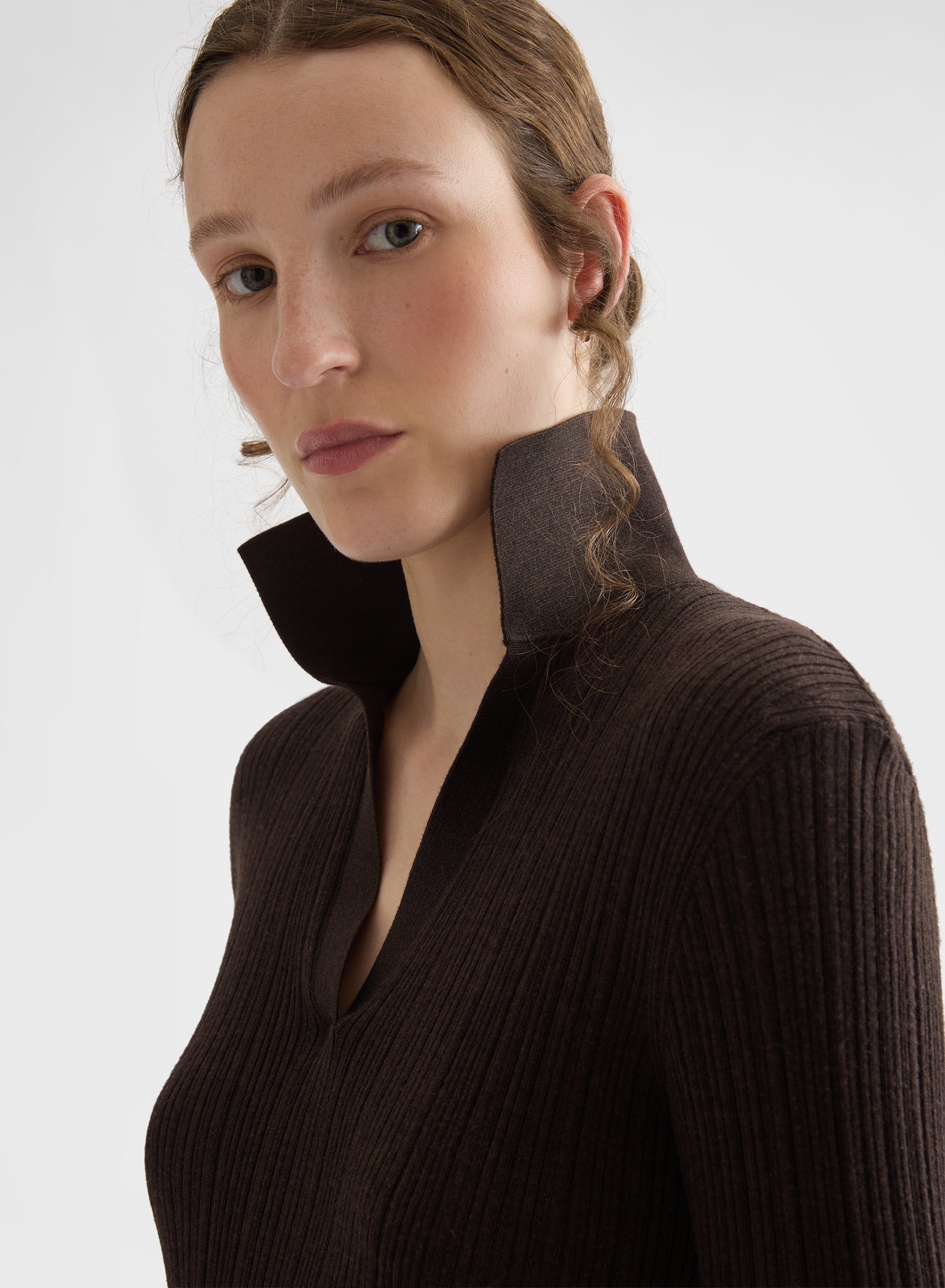CASHMERE WOOL SILK CORTECCIA STITCH POLO EBONY