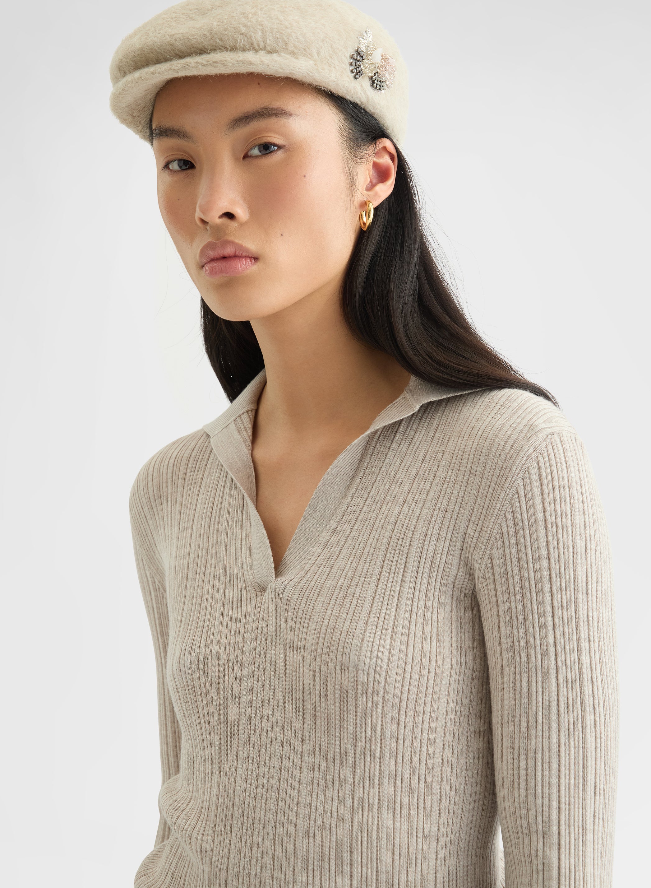 CASHMERE WOOL SILK CORTECCIA STITCH POLO GREIGE