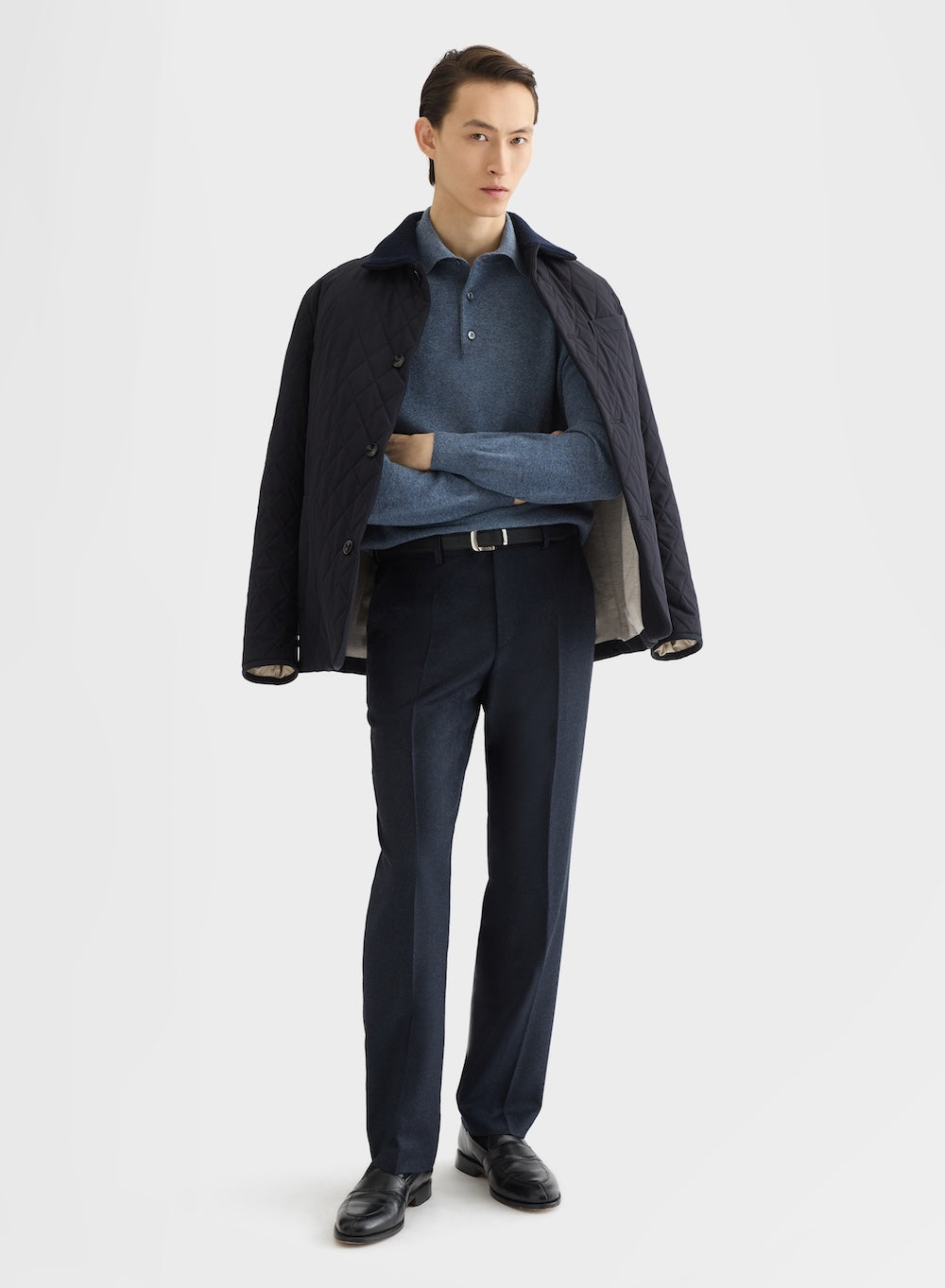 CASHMERE PLAIN KNIT LONG SLEEVE POLO LIGHT BLUE