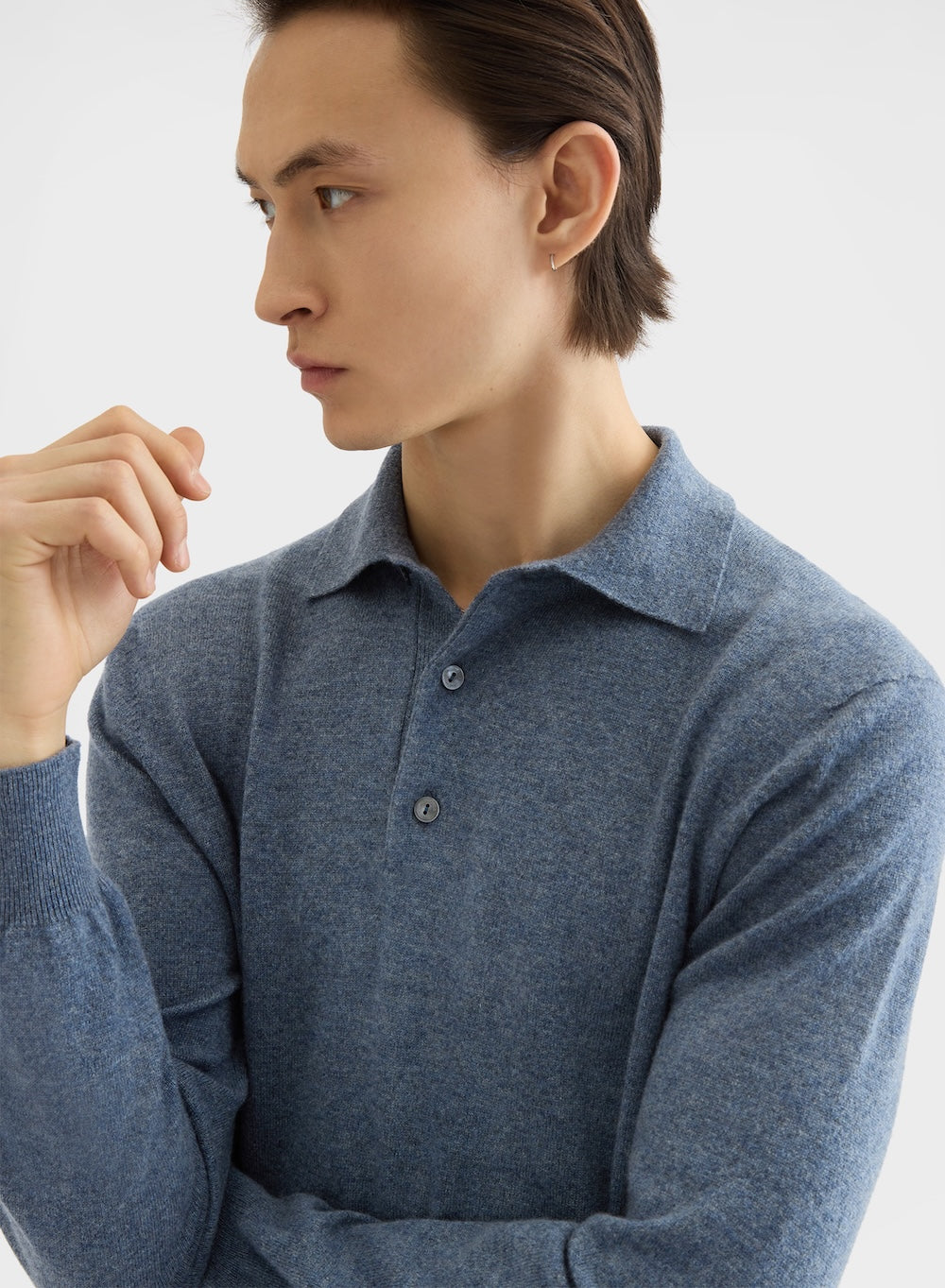 CASHMERE PLAIN KNIT LONG SLEEVE POLO LIGHT BLUE