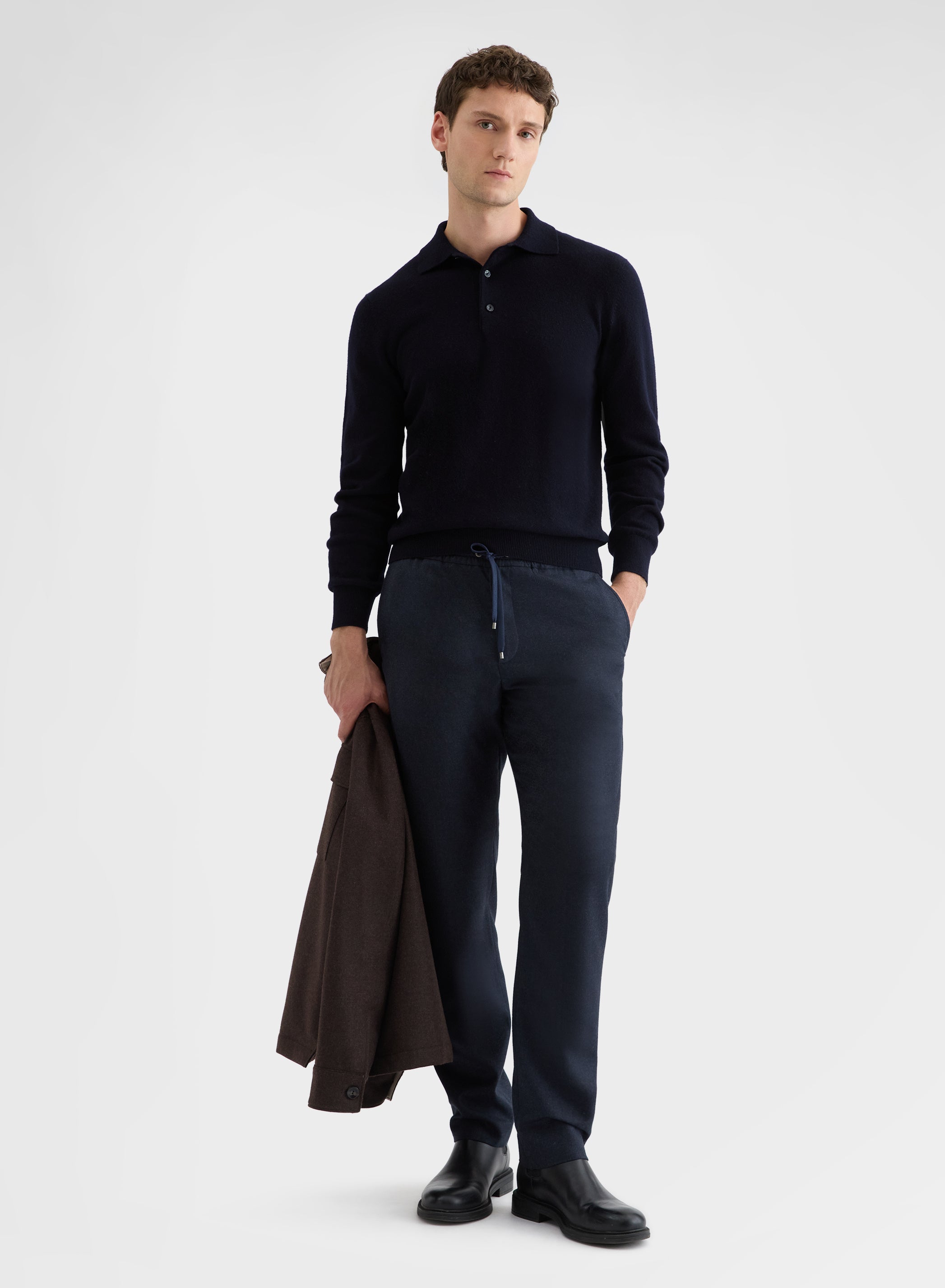 CASHMERE PLAIN KNIT LONG SLEEVE POLO NIGHT