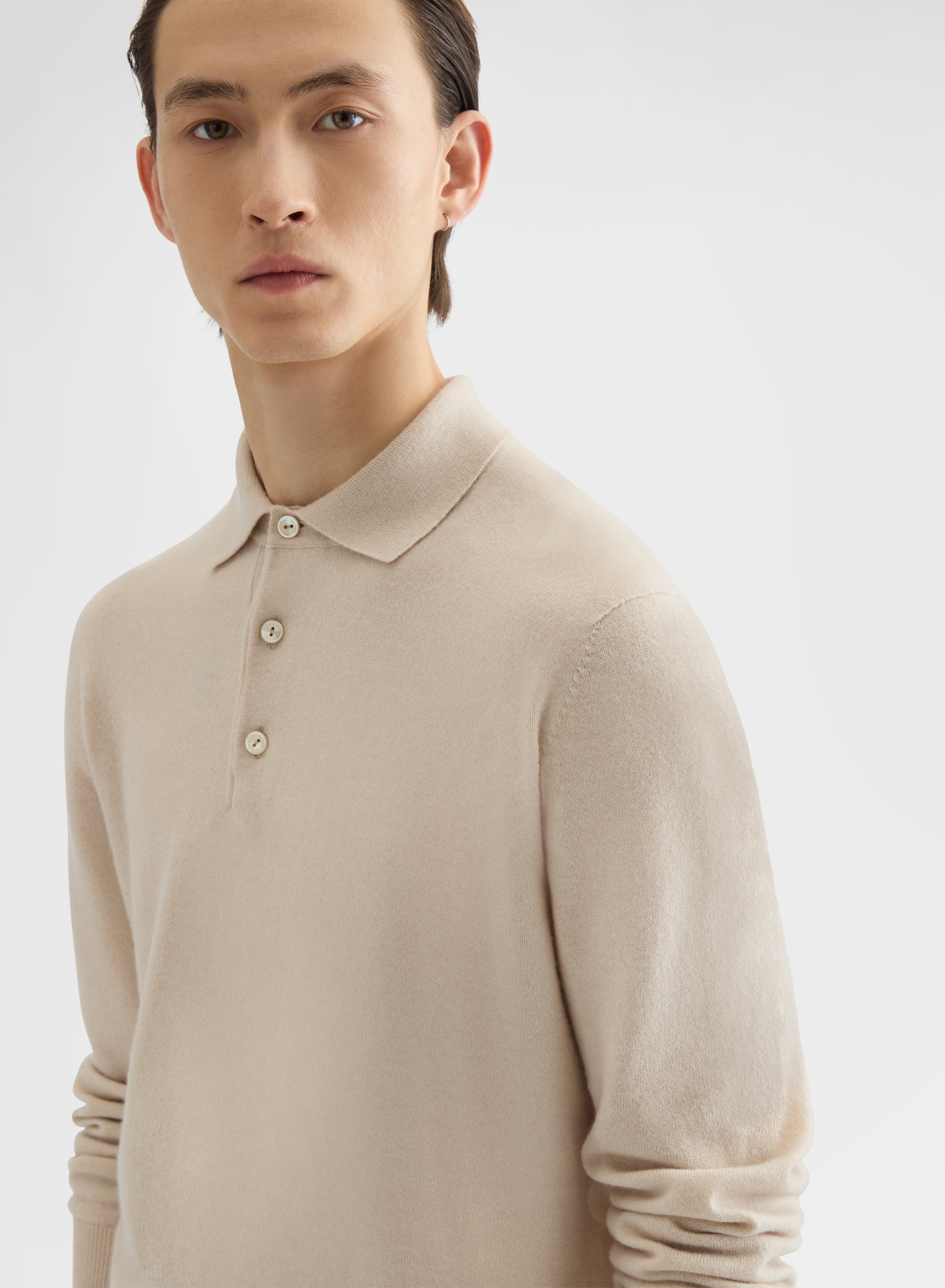 CASHMERE PLAIN KNIT LONG SLEEVE POLO GREIGE