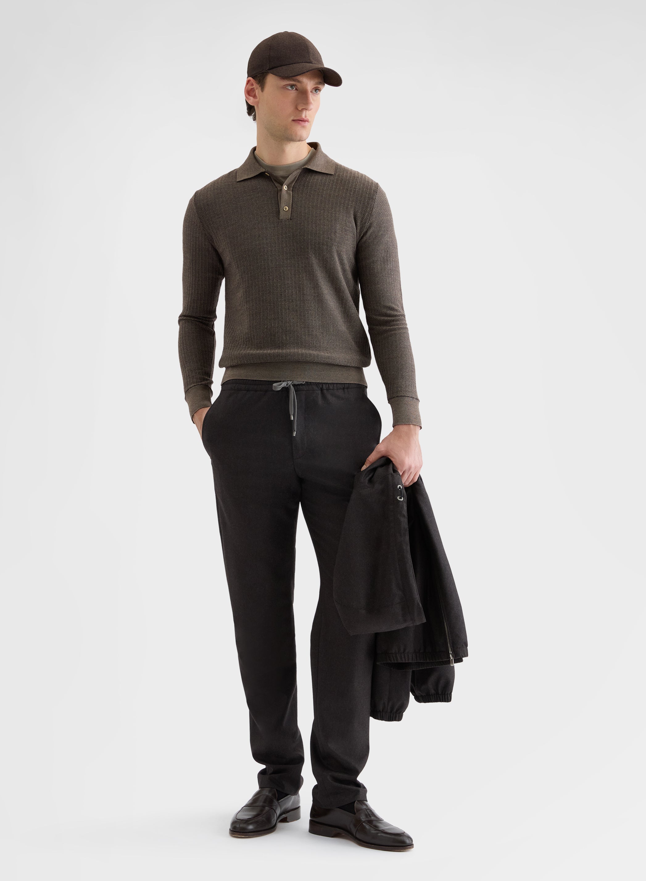 FINE JACQUARD LONG SLEEVE POLO BROWN