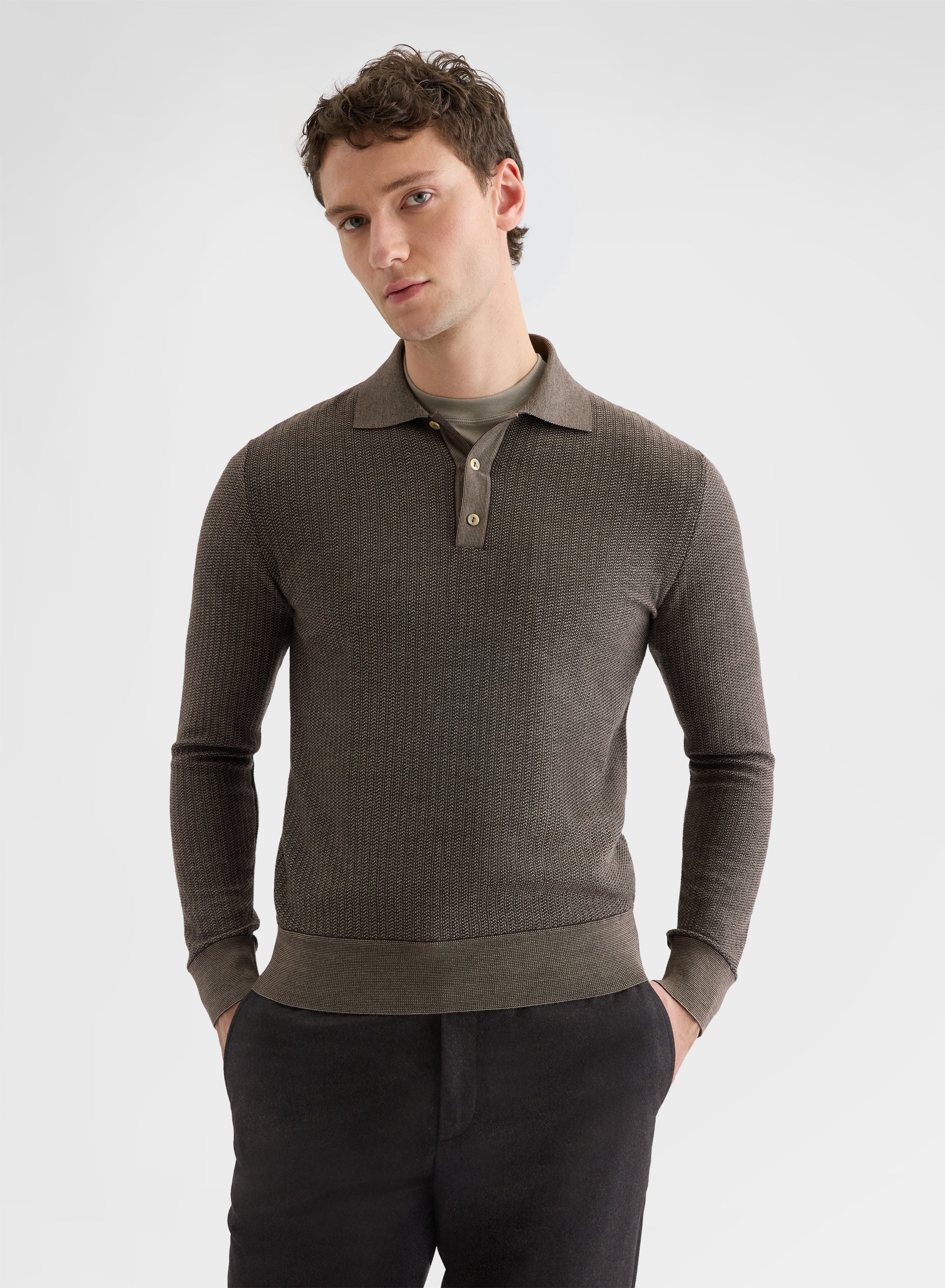 FINE JACQUARD LONG SLEEVE POLO BROWN