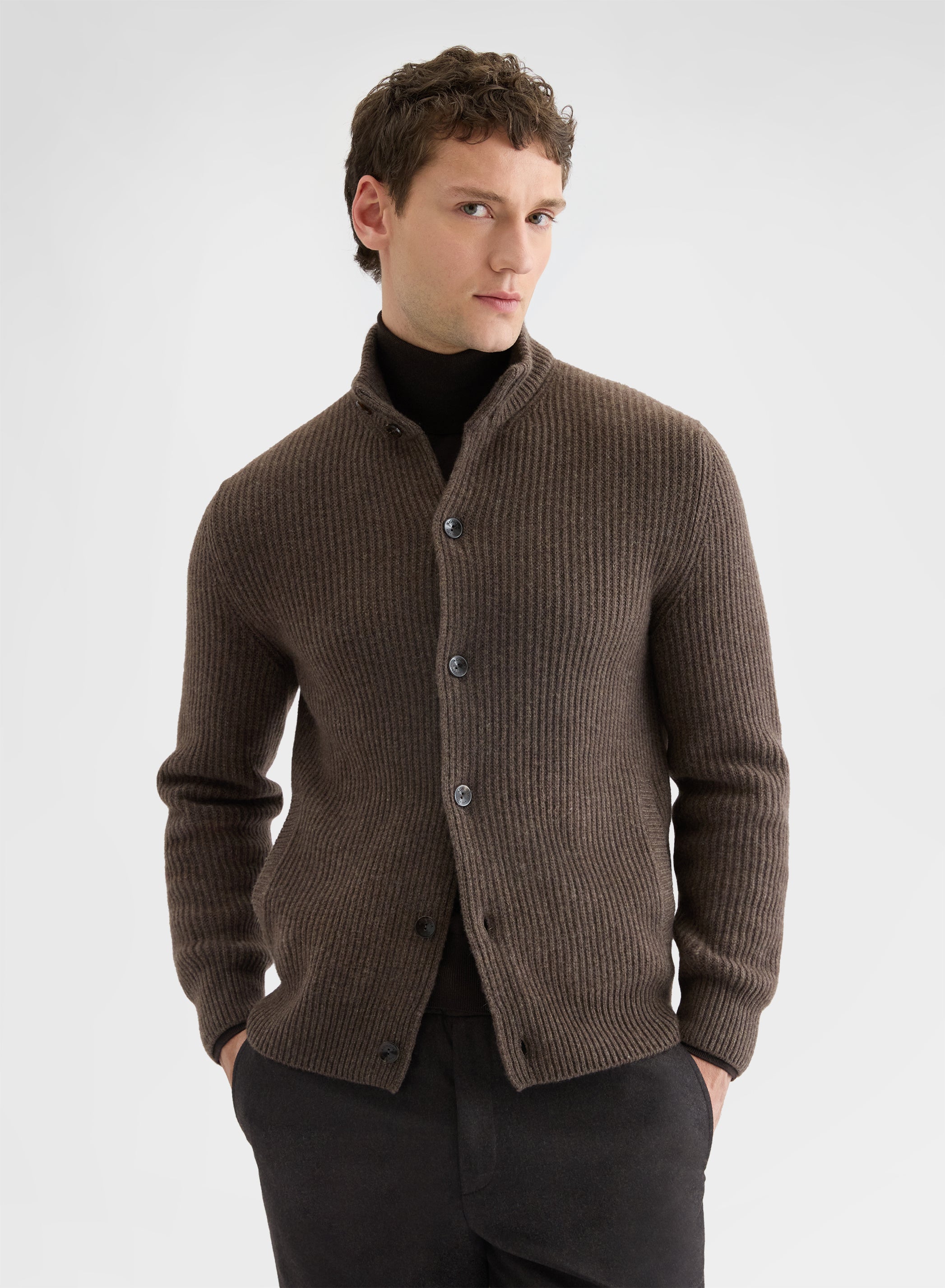 CASHMERE ENGLISH RIB CARDIGAN MOCHA