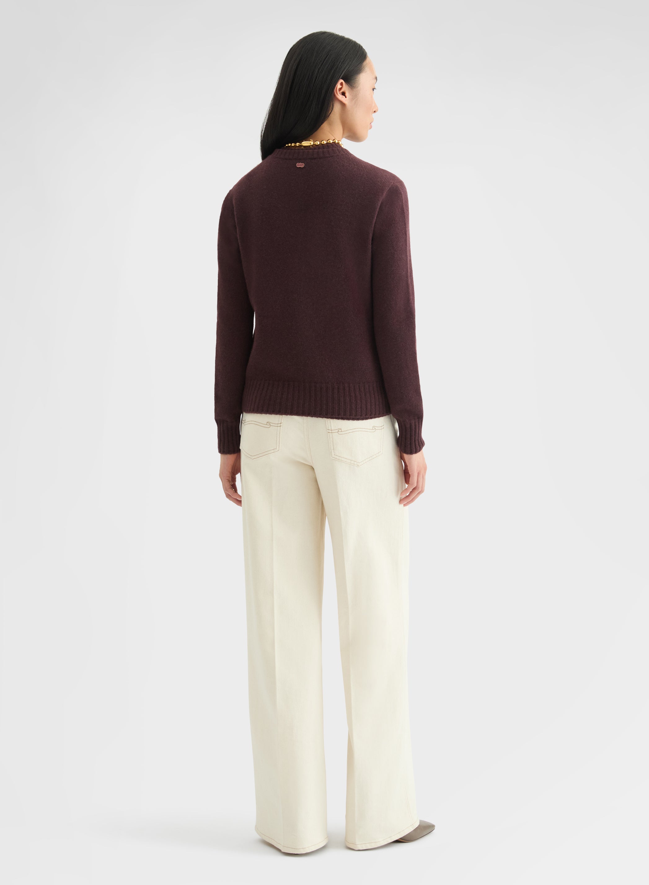 CASHMERE PLAIN KNIT LIPSTICK CREWNECK CARDIGAN BURGUNDY