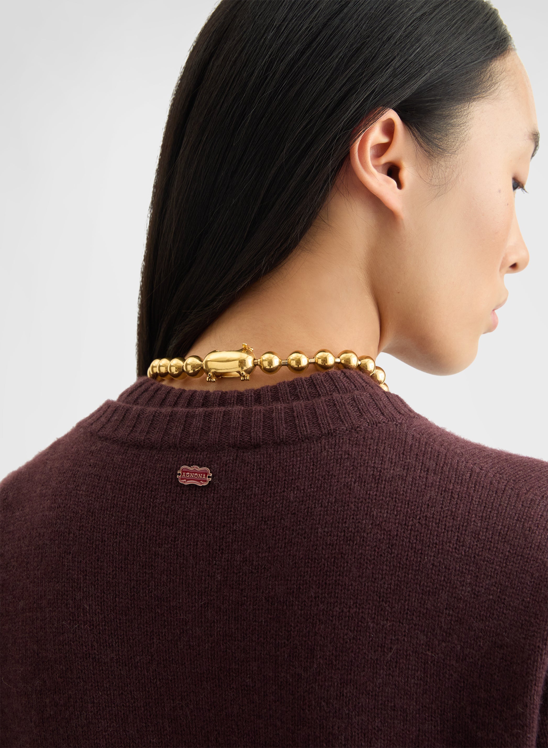 CASHMERE PLAIN KNIT LIPSTICK CREWNECK CARDIGAN BURGUNDY
