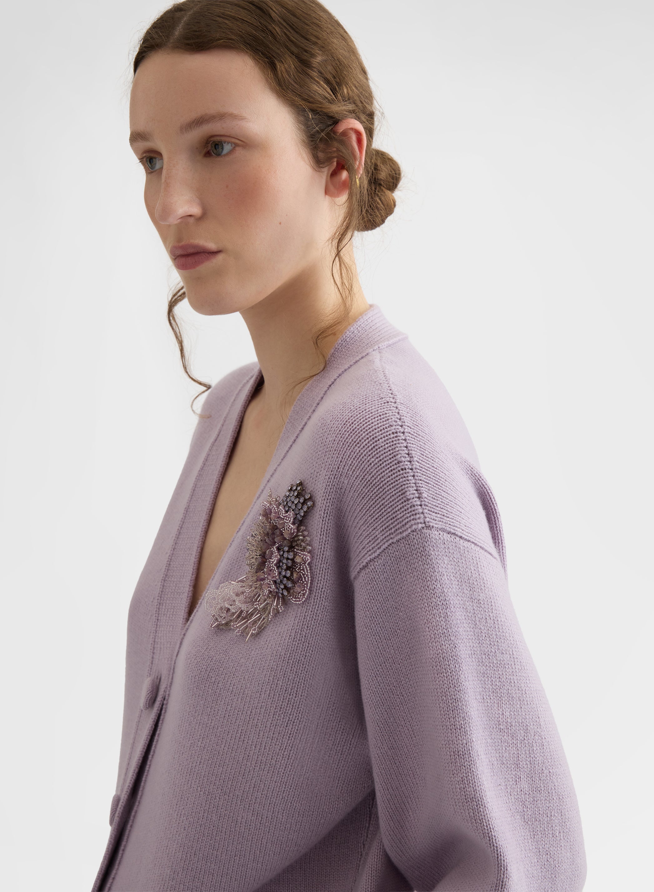 CASHMERE PLAIN KNIT V-NECK CARDIGAN MAUVE