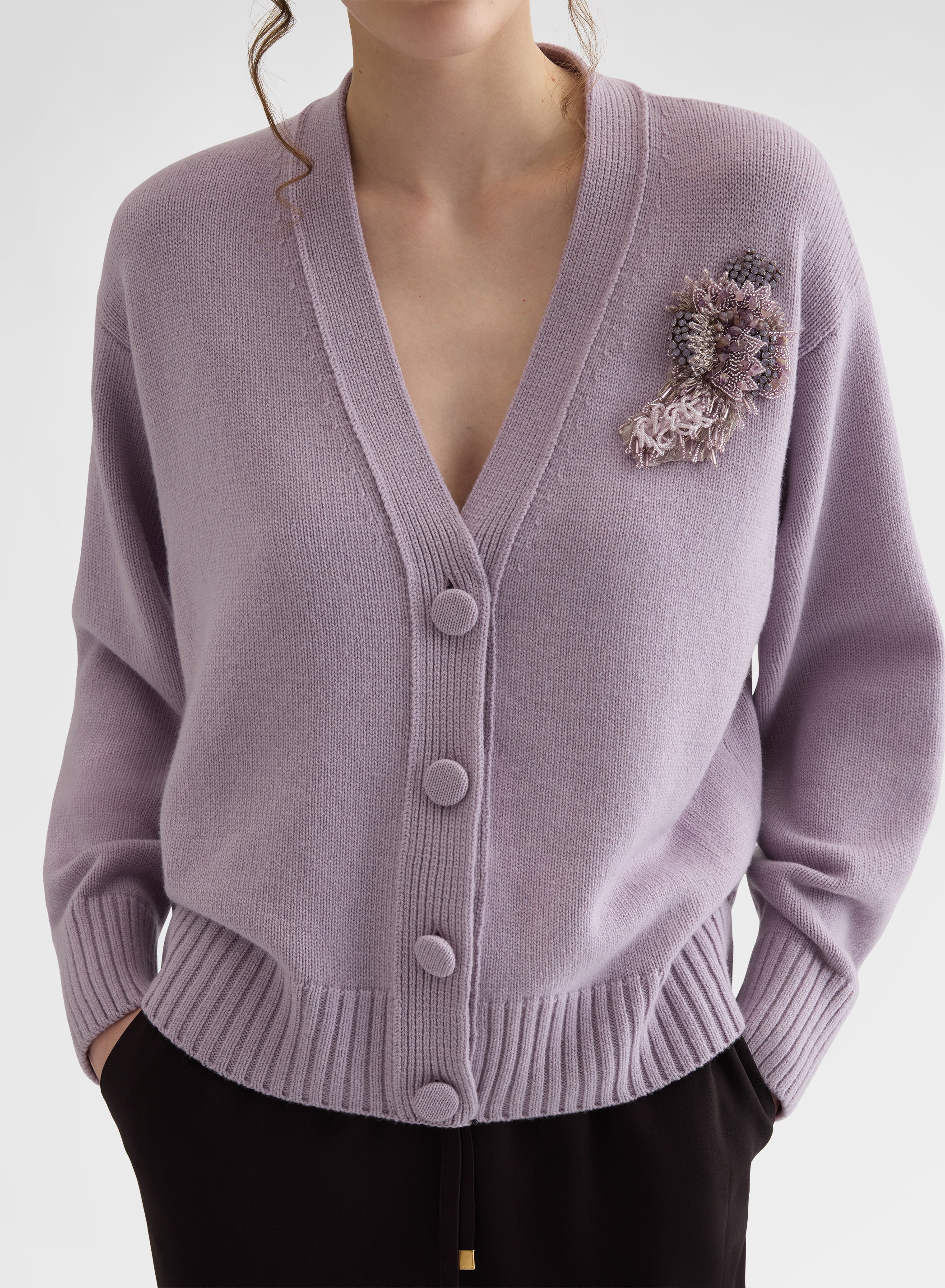 CASHMERE PLAIN KNIT V-NECK CARDIGAN MAUVE