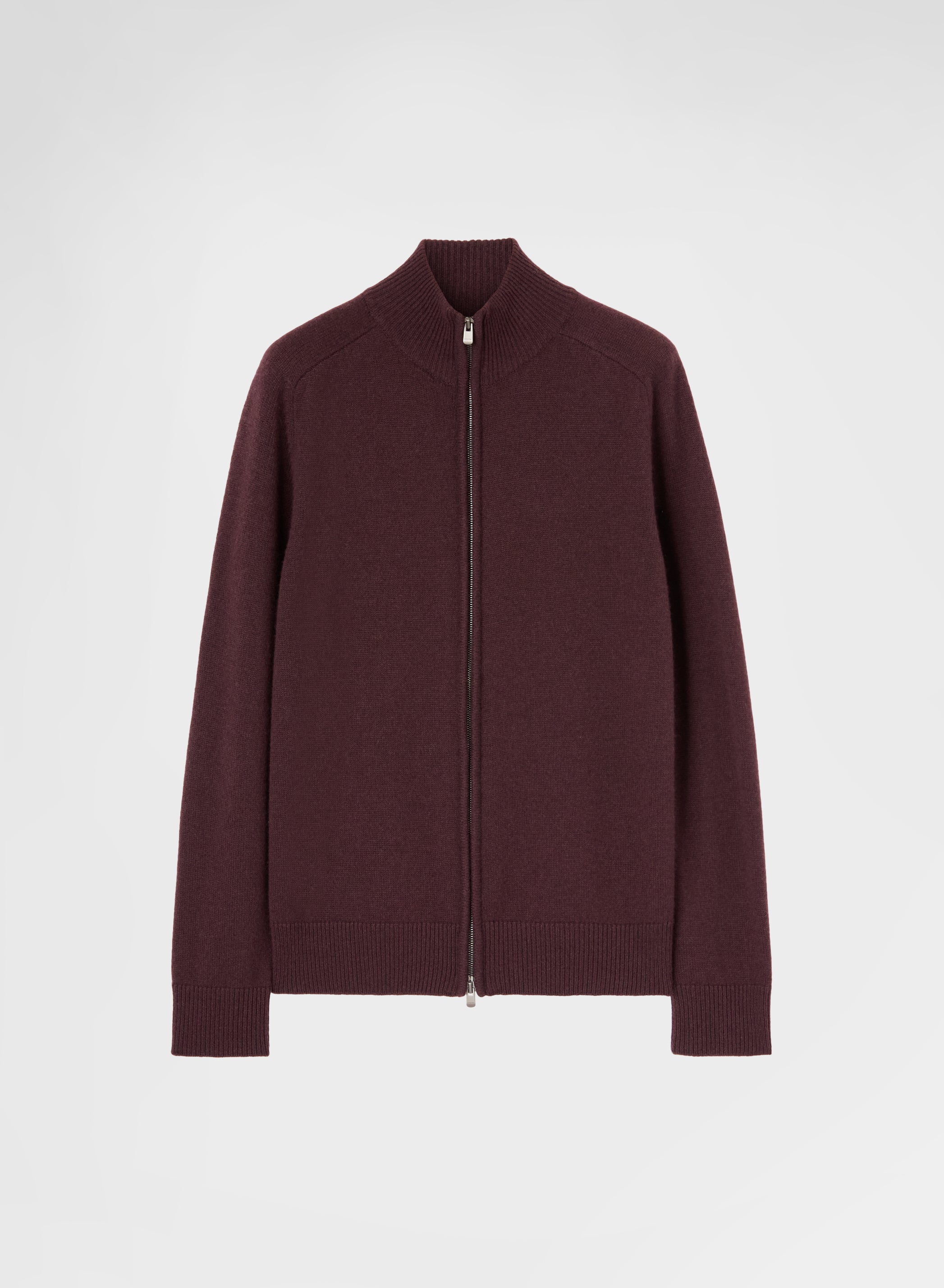 CASHMERE PLAIN KNIT HIGH NECK ZIP-THROUGH SWEATER BURGUNDY