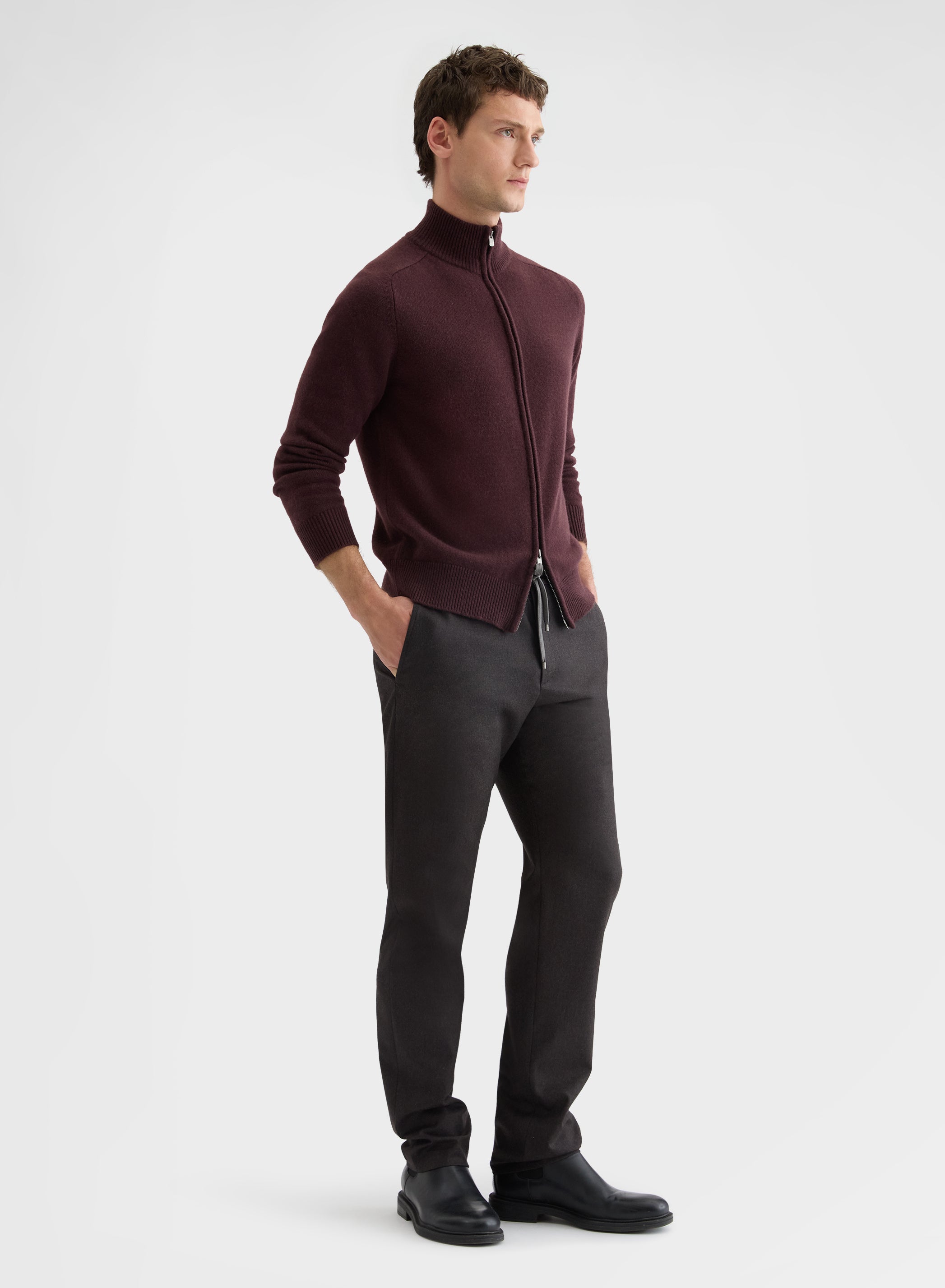 CASHMERE PLAIN KNIT HIGH NECK ZIP-THROUGH SWEATER BURGUNDY