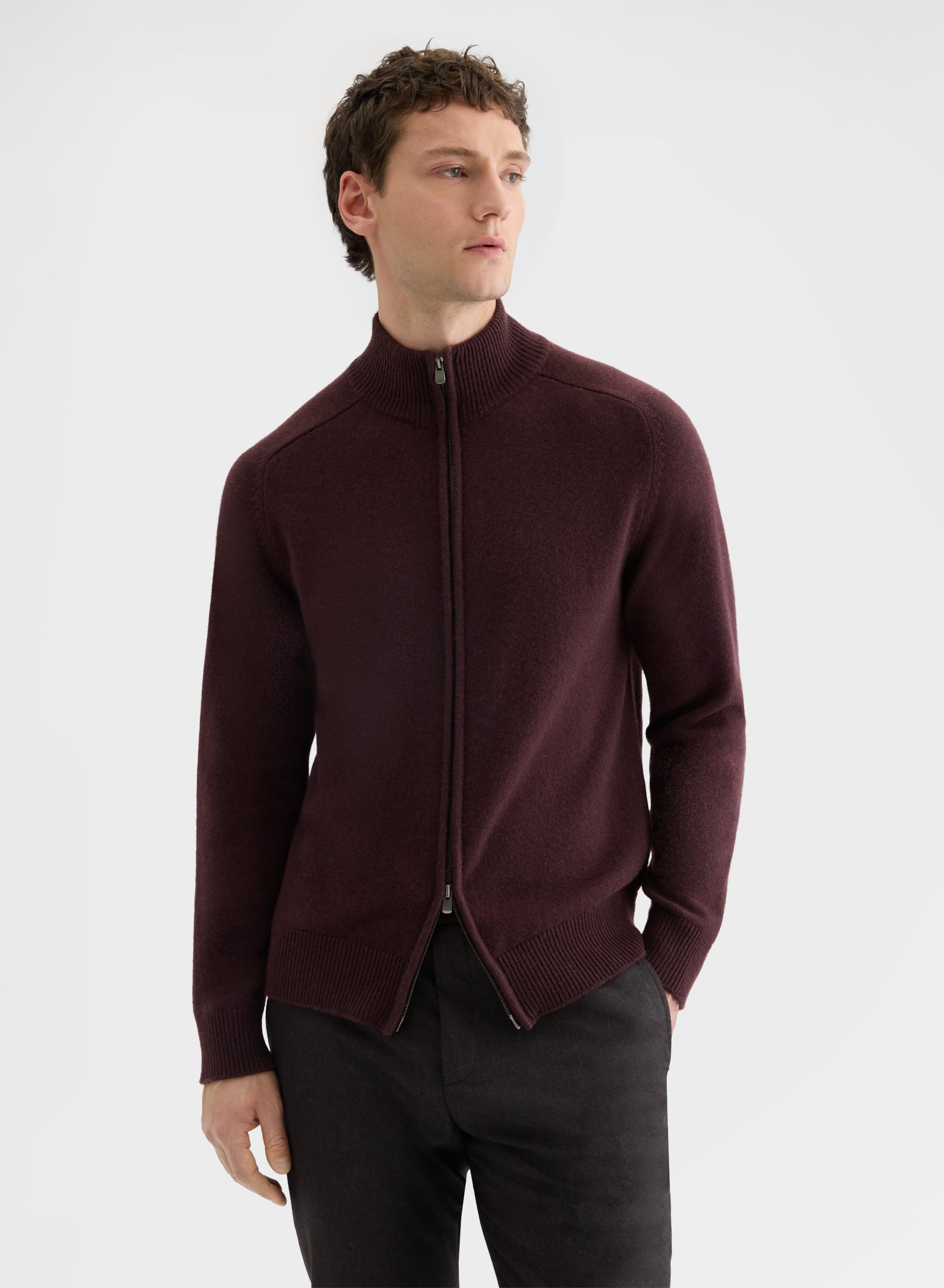 CASHMERE PLAIN KNIT HIGH NECK ZIP-THROUGH SWEATER BURGUNDY