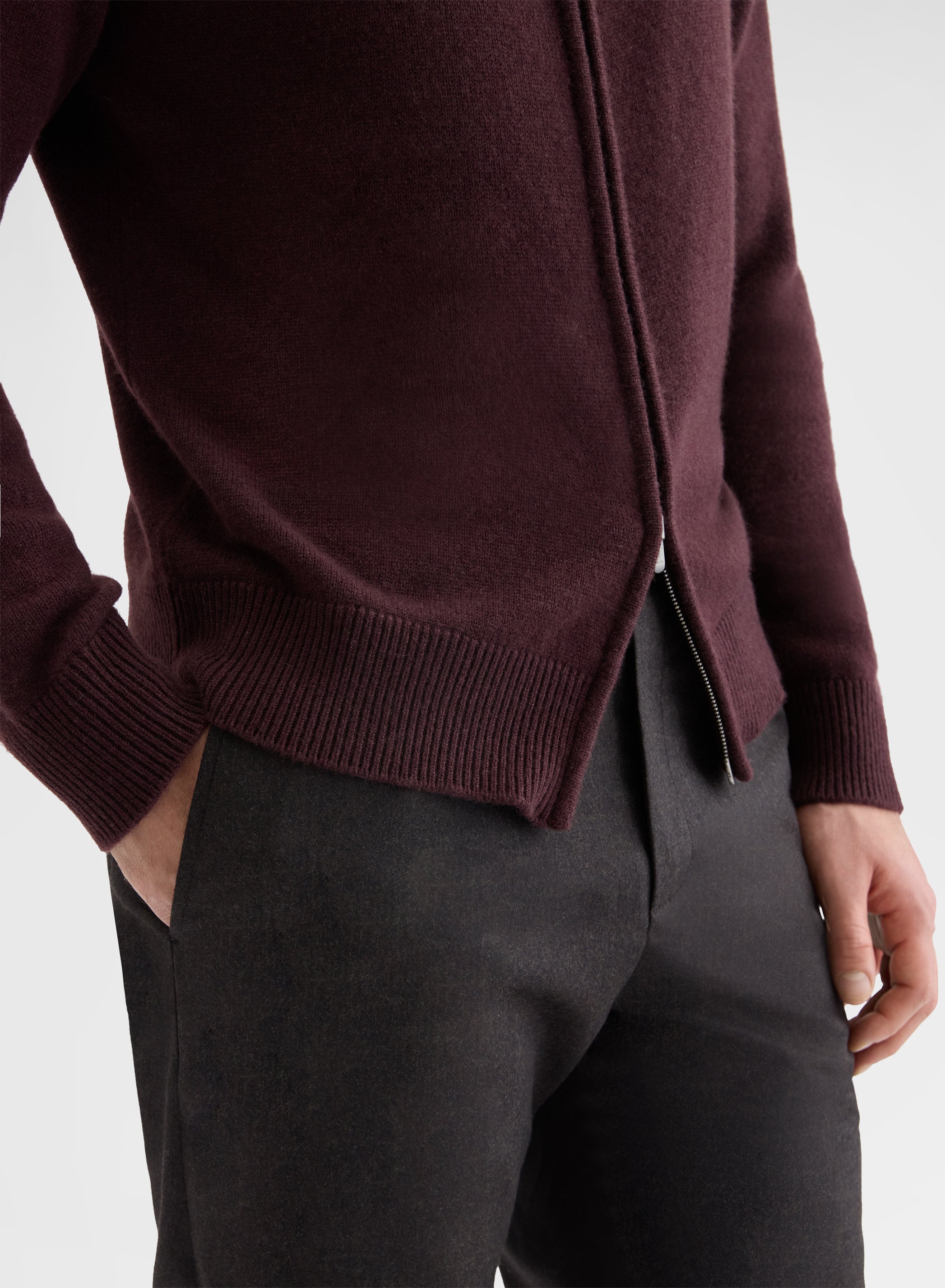 CASHMERE PLAIN KNIT HIGH NECK ZIP-THROUGH SWEATER BURGUNDY