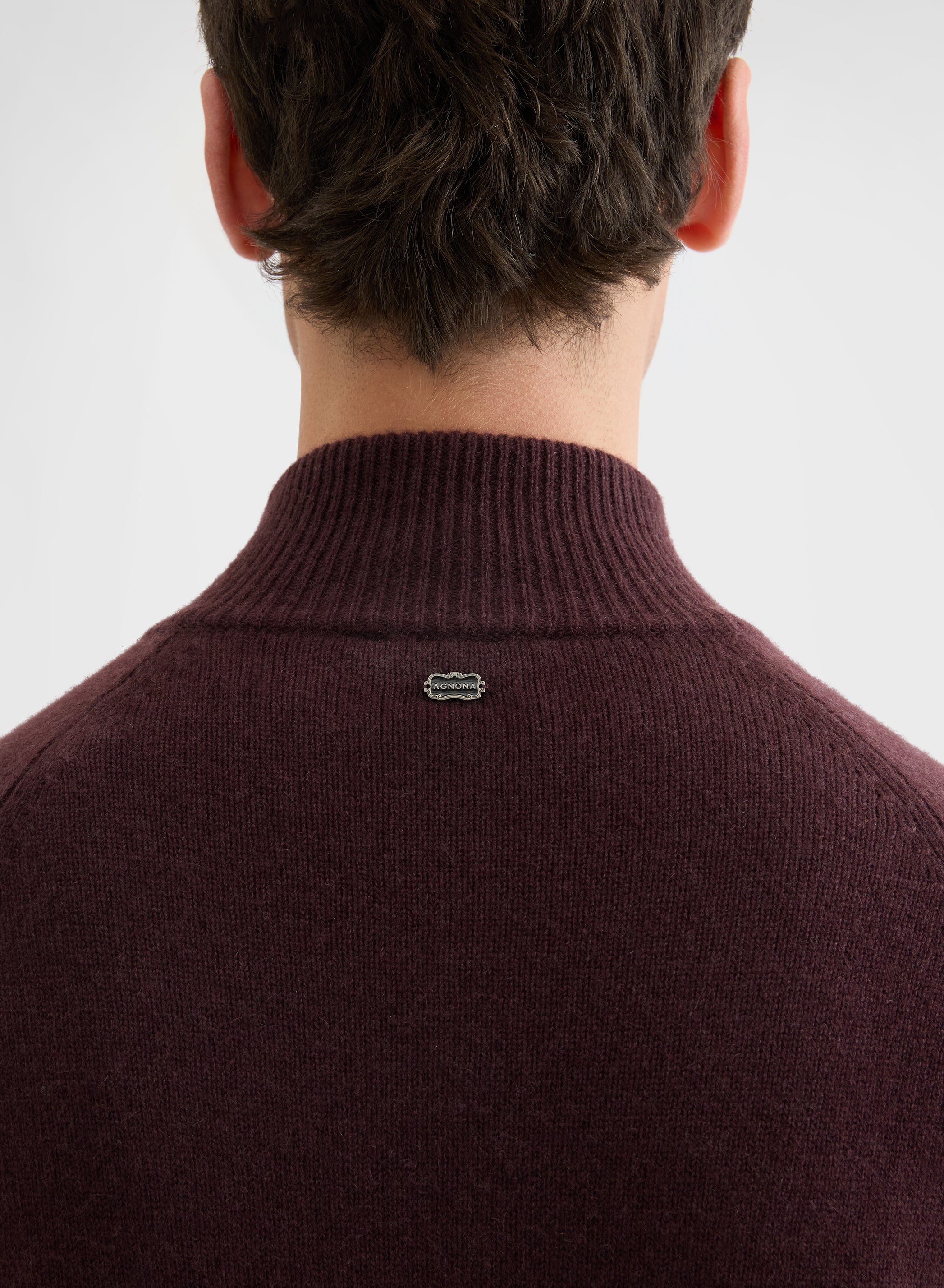 CASHMERE PLAIN KNIT HIGH NECK ZIP-THROUGH SWEATER BURGUNDY