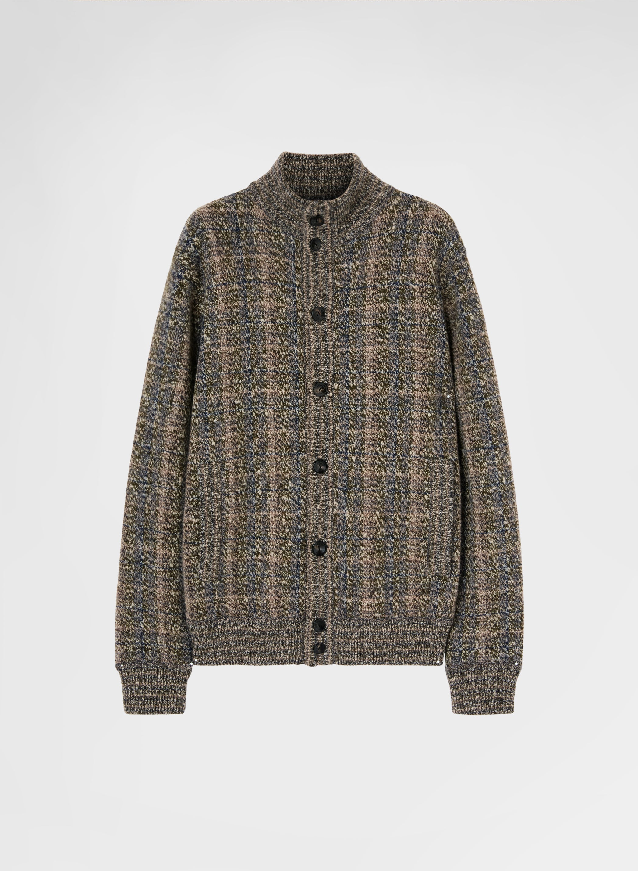 CASHMERE WOOL CHECK HIGH NECK CARDIGAN
