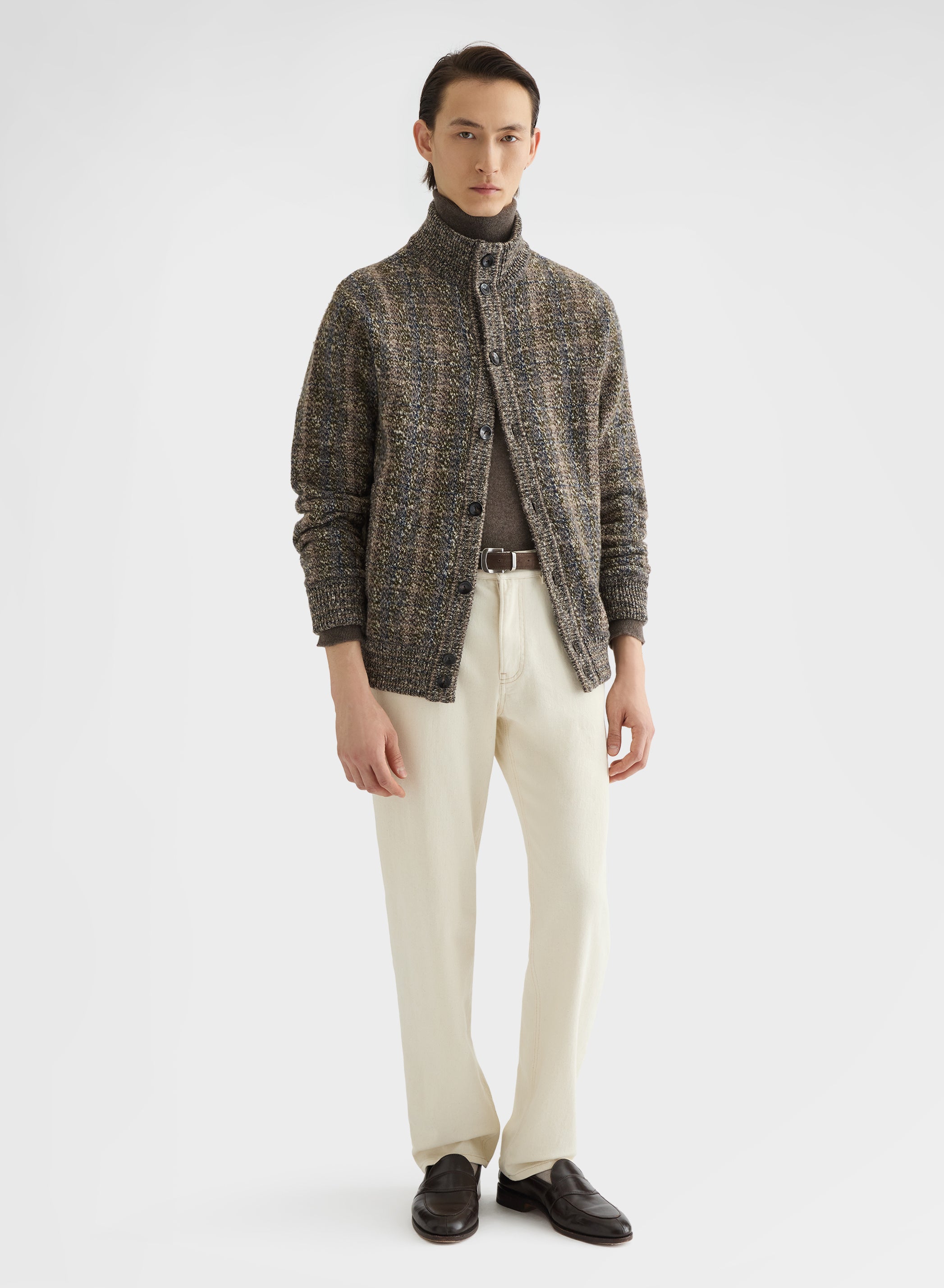 CASHMERE WOOL CHECK HIGH NECK CARDIGAN