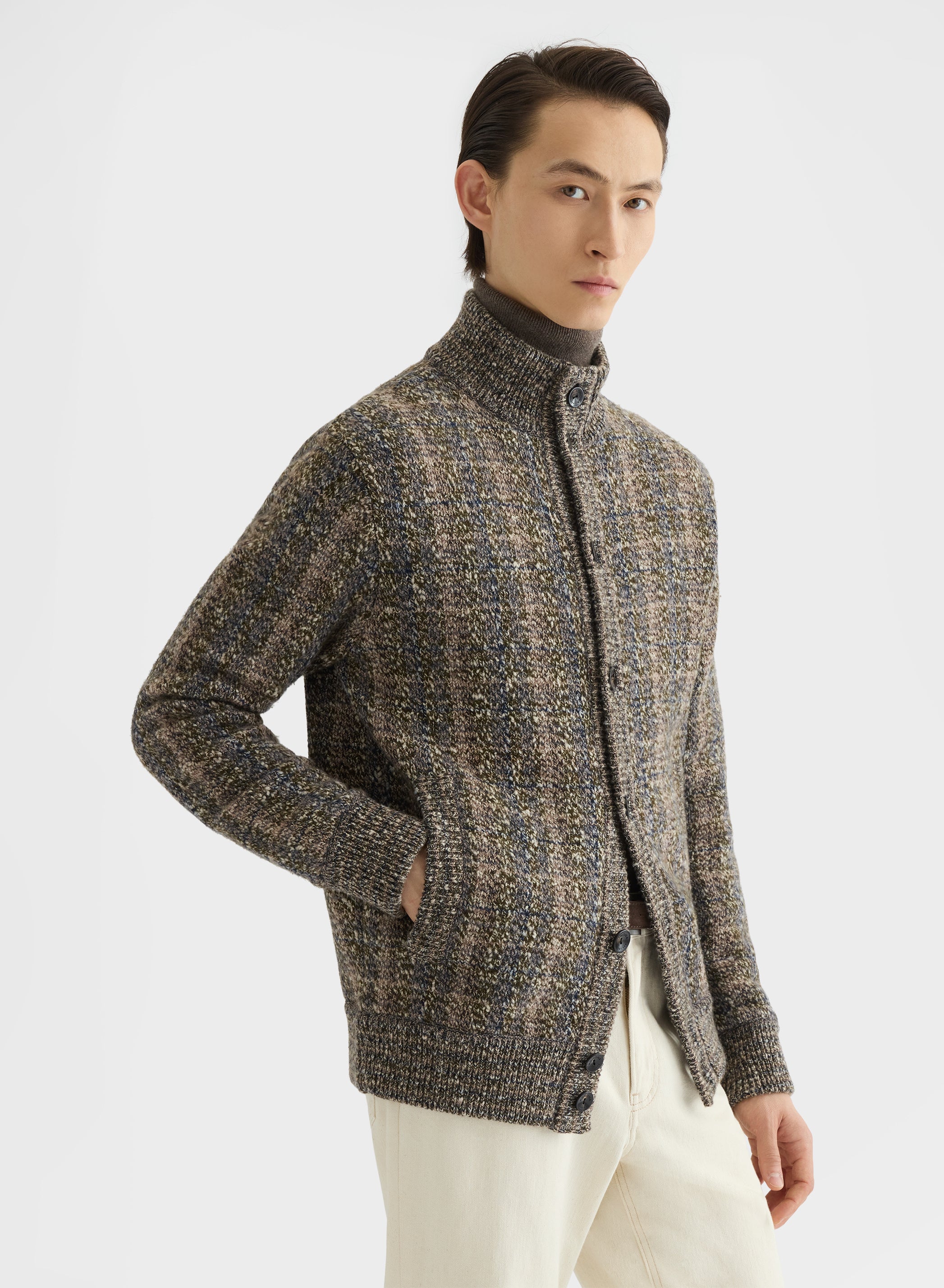CASHMERE WOOL CHECK HIGH NECK CARDIGAN