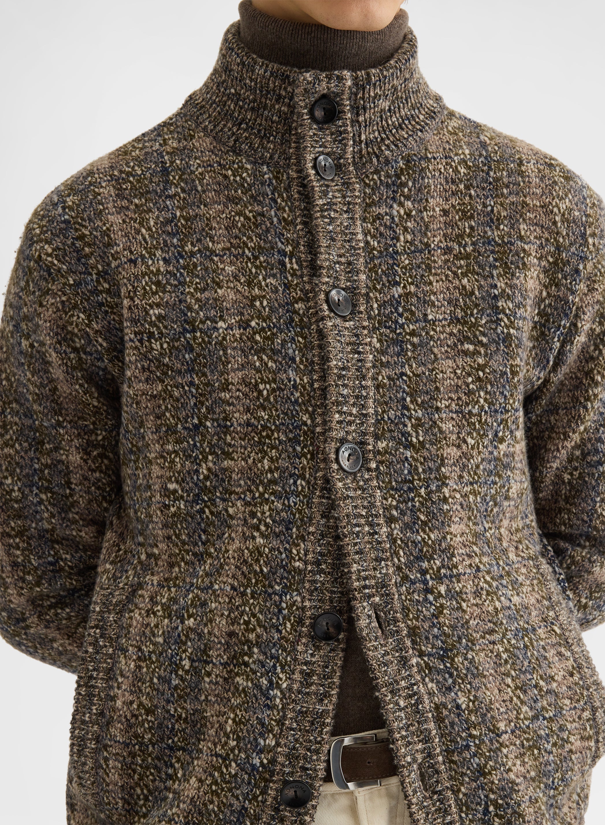 CASHMERE WOOL CHECK HIGH NECK CARDIGAN