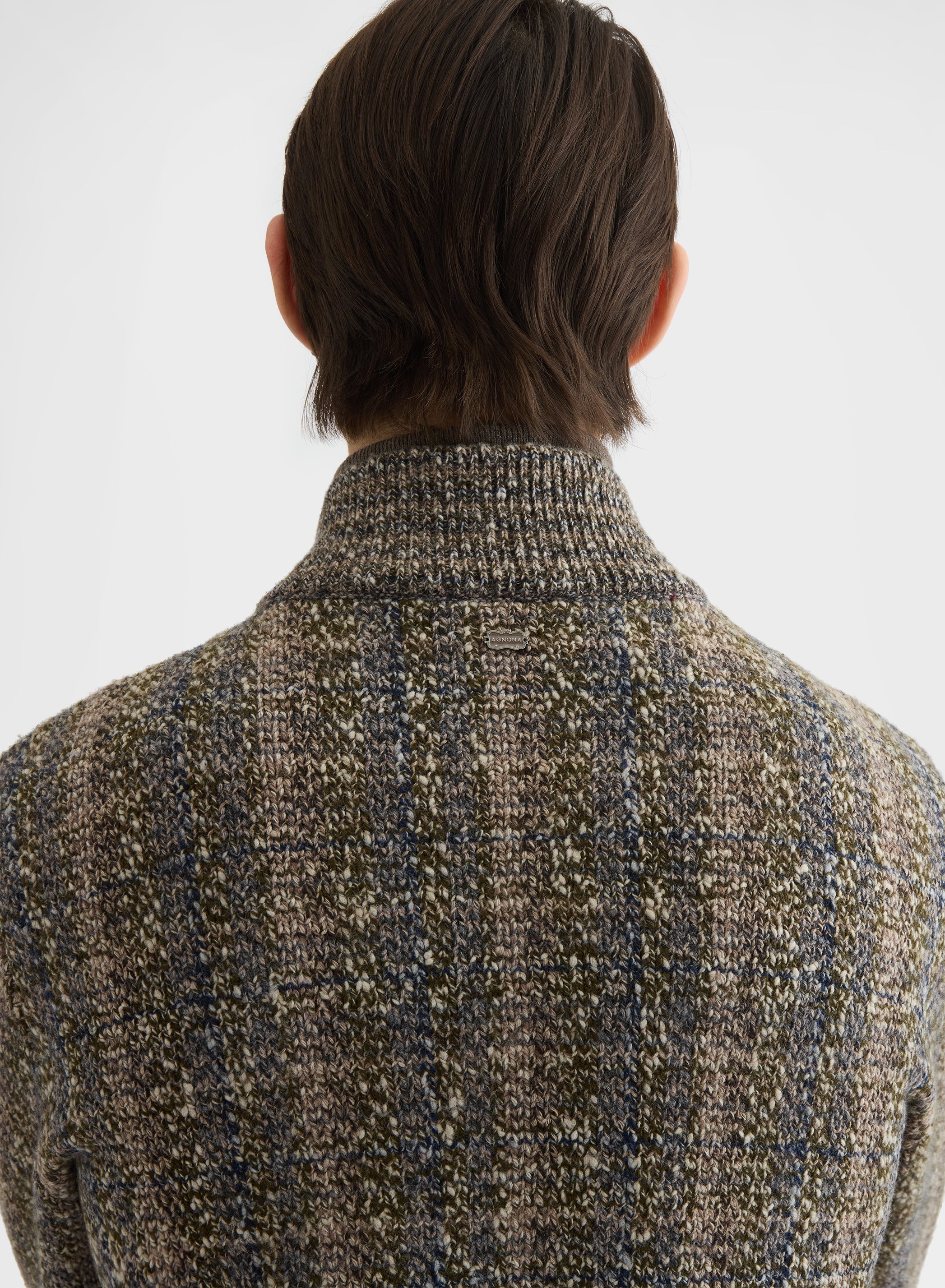 CASHMERE WOOL CHECK HIGH NECK CARDIGAN