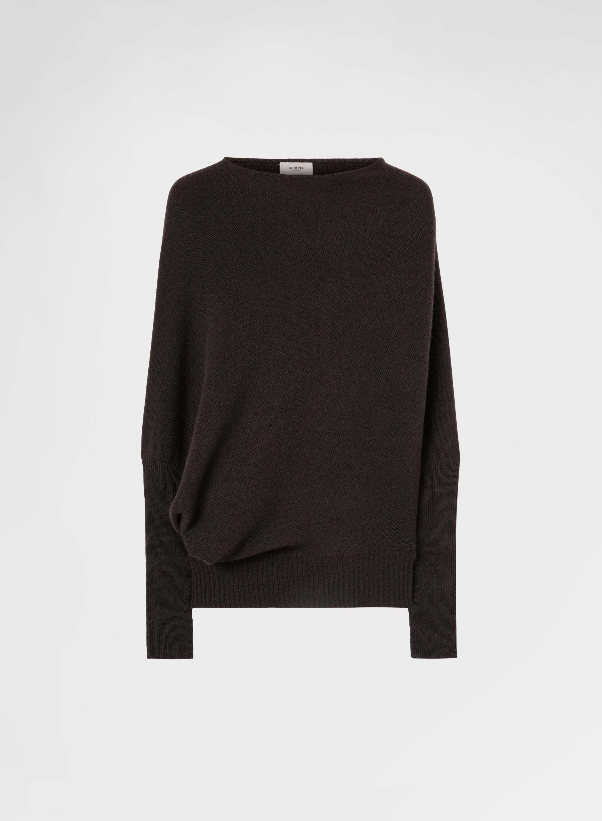 CASHMERE PLAIN KNIT ASYMMETRIC BOAT NECK TOP EBONY