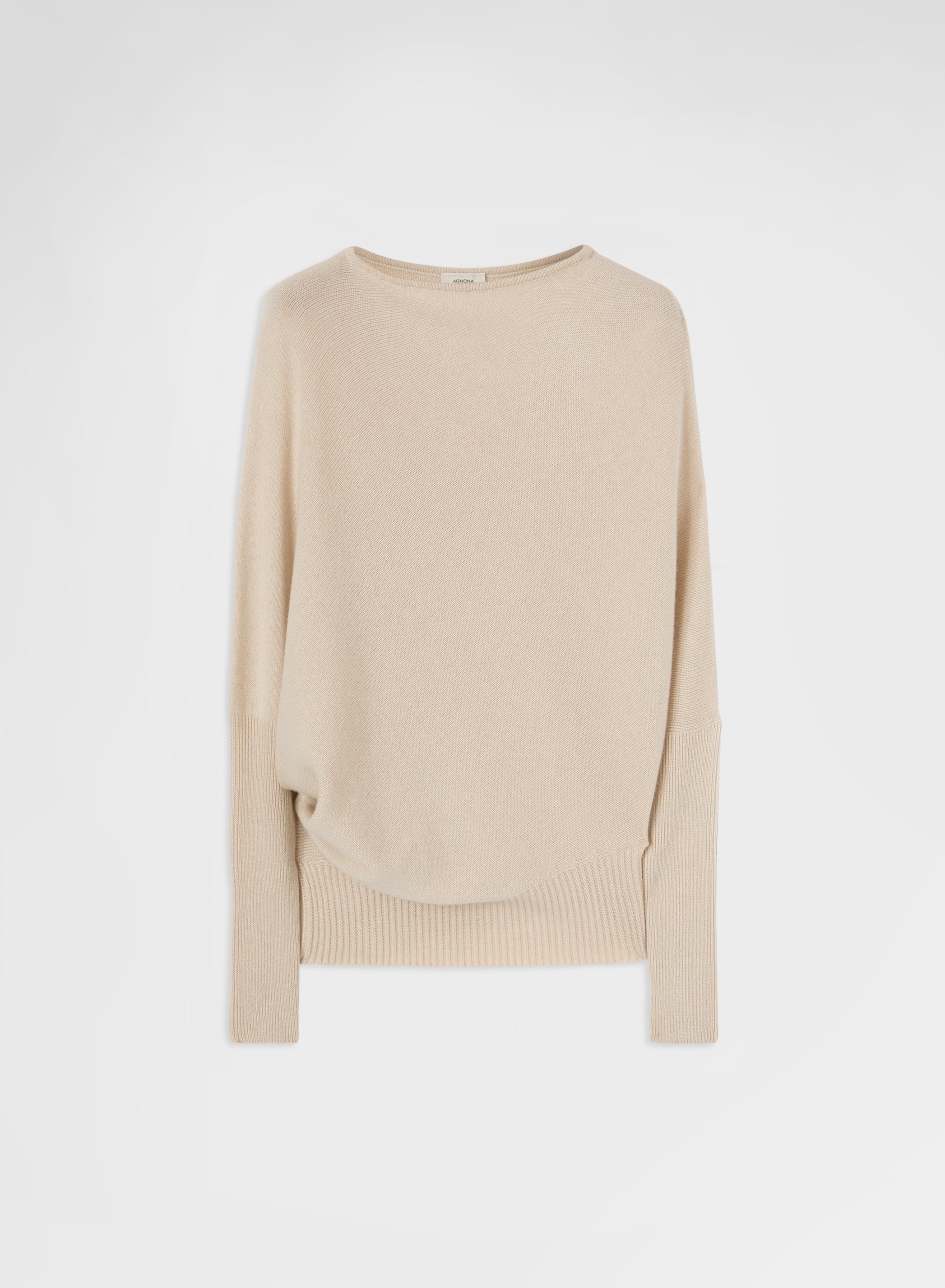 CASHMERE PLAIN KNIT ASYMMETRIC BOAT NECK TOP GREIGE