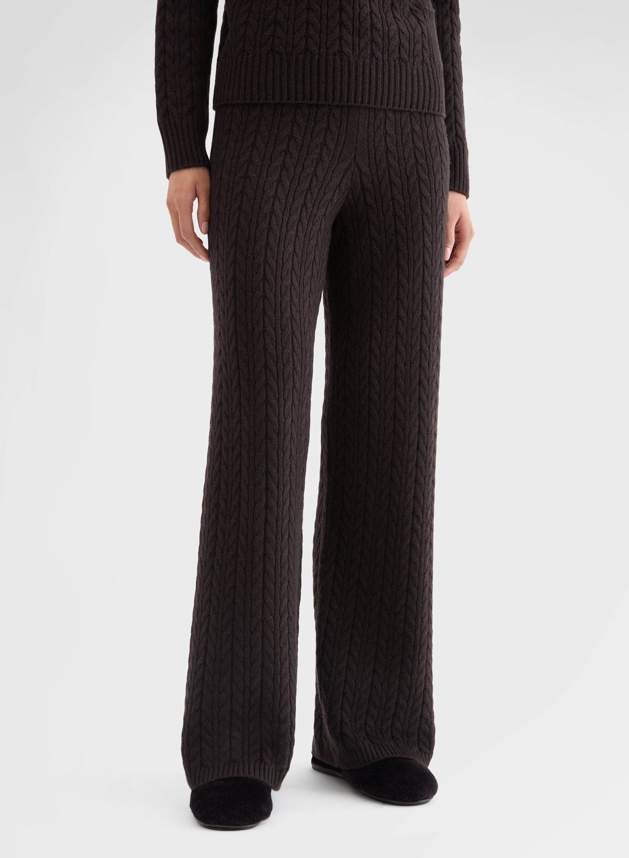CASHMERE ICONIC CABLE HIGH WAISTED STRAIGHT PANTS EBONY