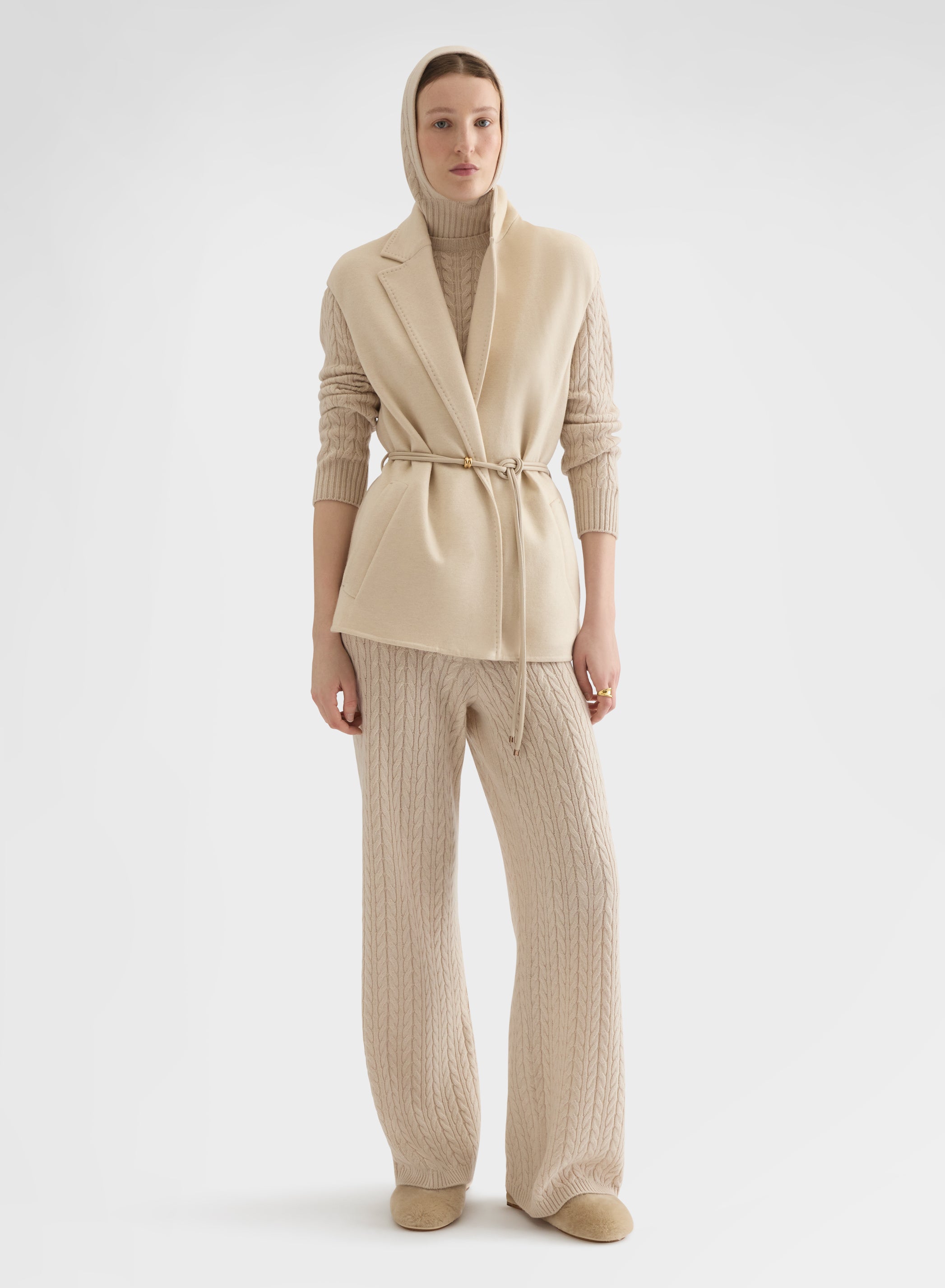 CASHMERE ICONIC CABLE HIGH WAISTED STRAIGHT PANTS GREIGE
