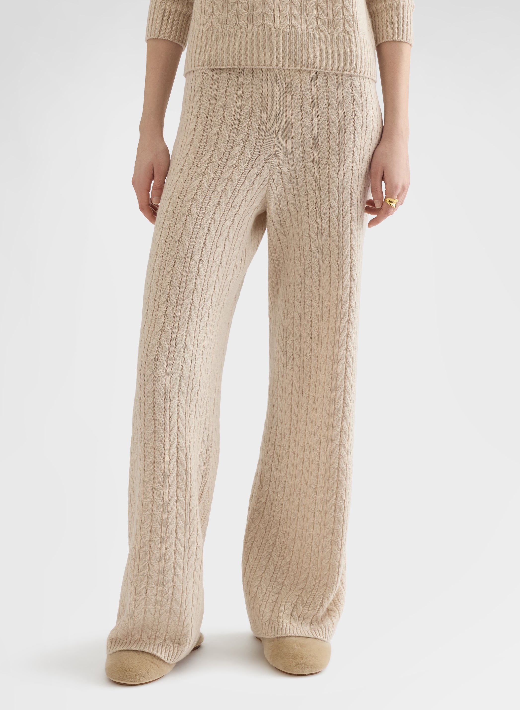 CASHMERE ICONIC CABLE HIGH WAISTED STRAIGHT PANTS GREIGE