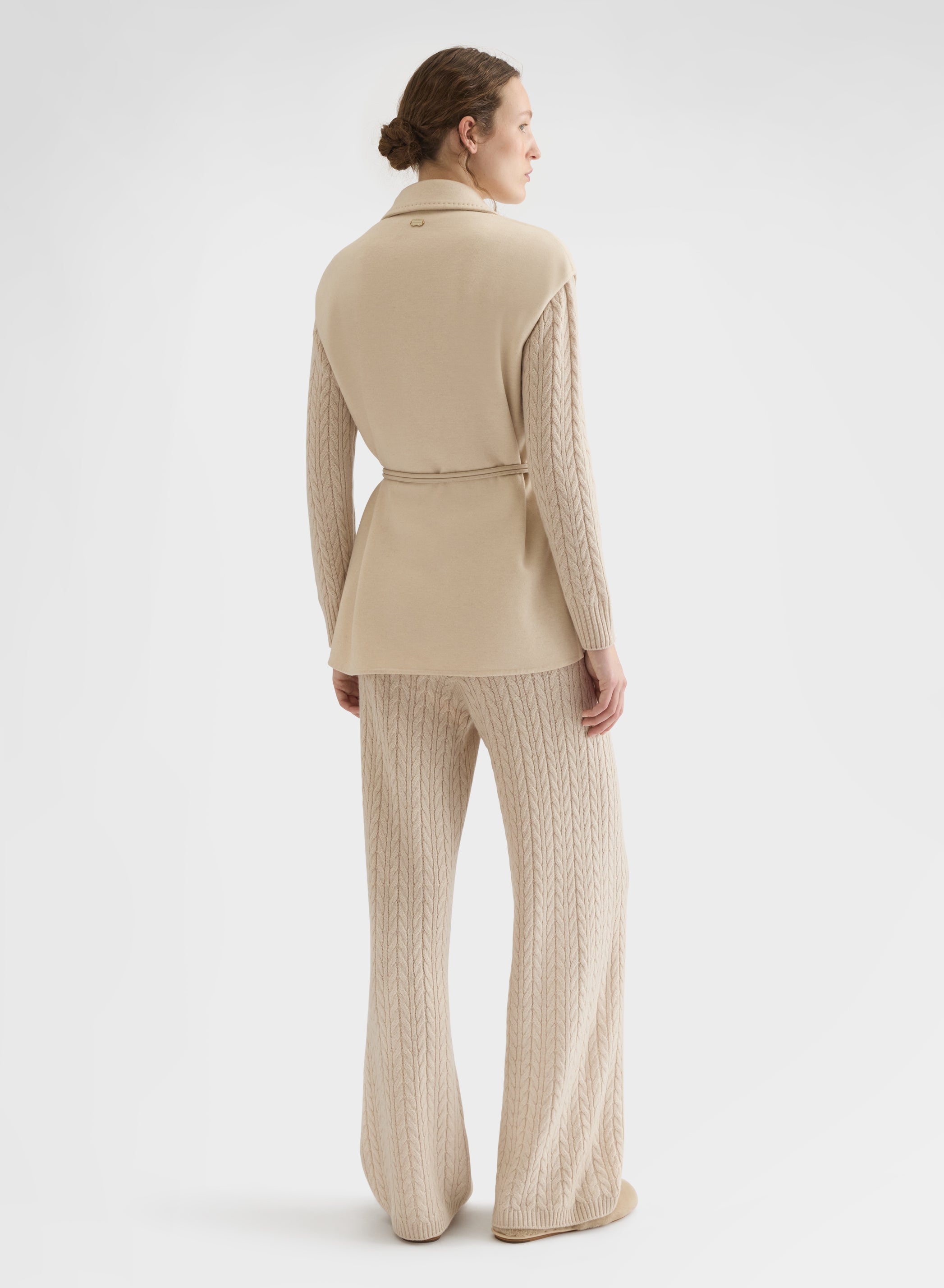 CASHMERE ICONIC CABLE HIGH WAISTED STRAIGHT PANTS GREIGE