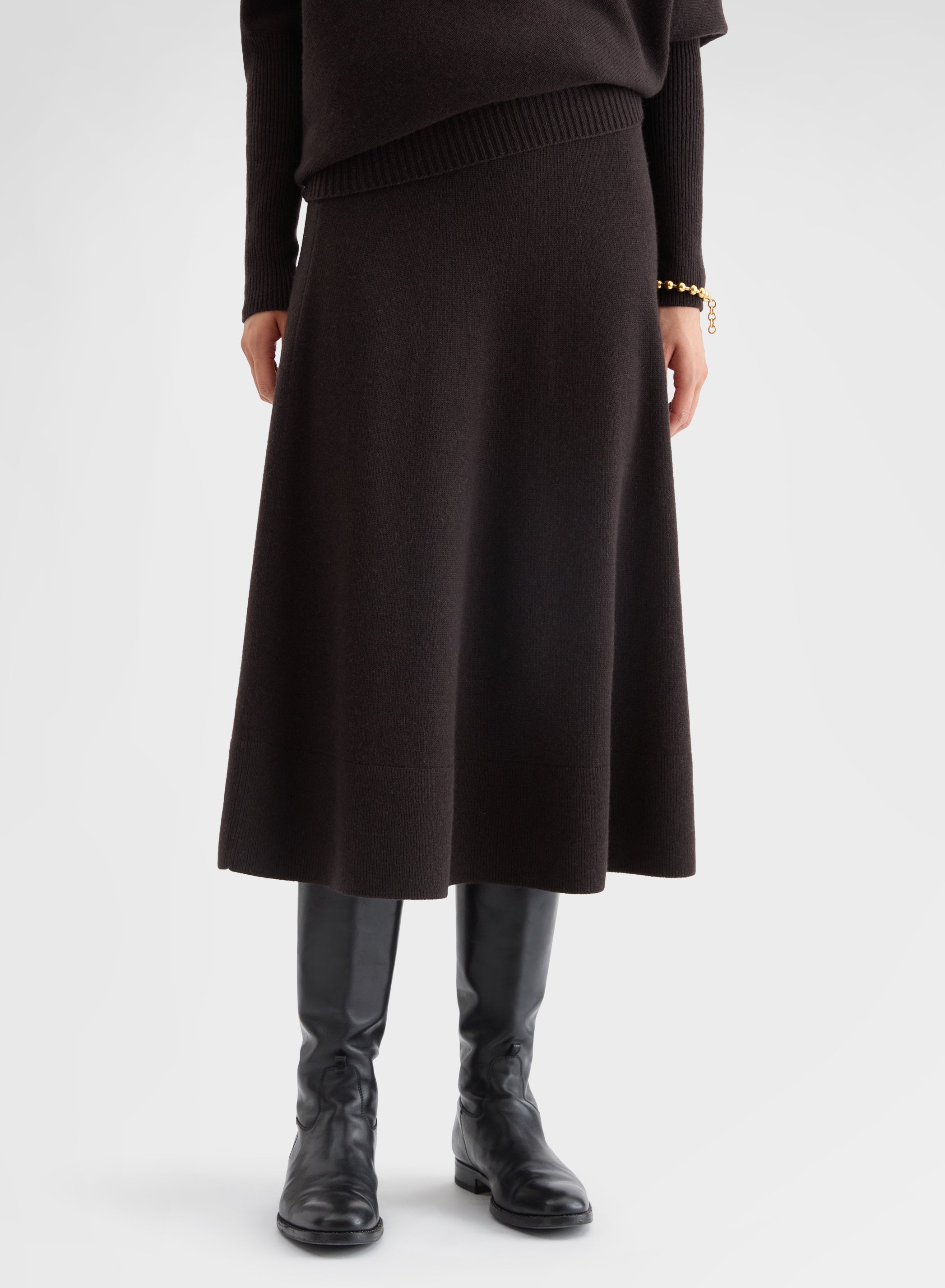 CASHMERE PLAIN KNIT HIGH WAISTED MIDI SKIRT EBONY