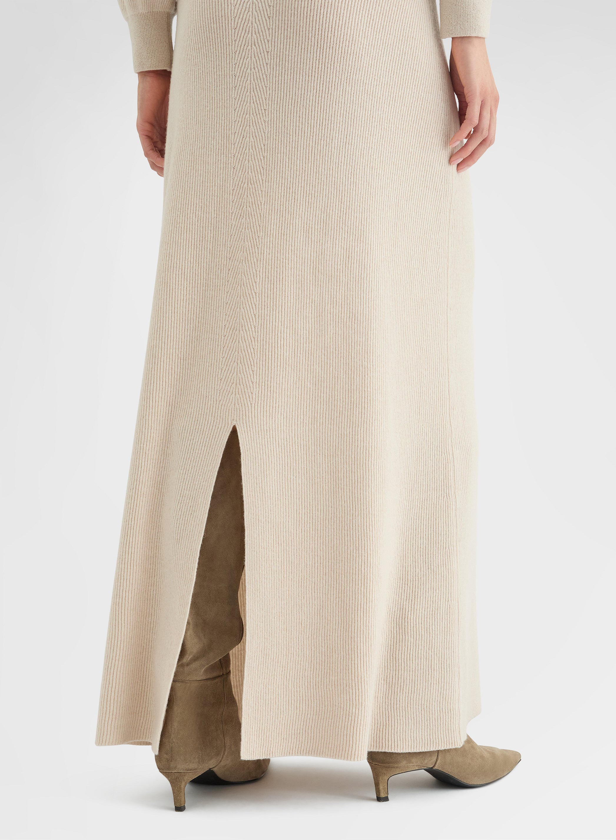CASHMERE ENGLISH RIB HIGH WAISTED MIDI SKIRT GREIGE