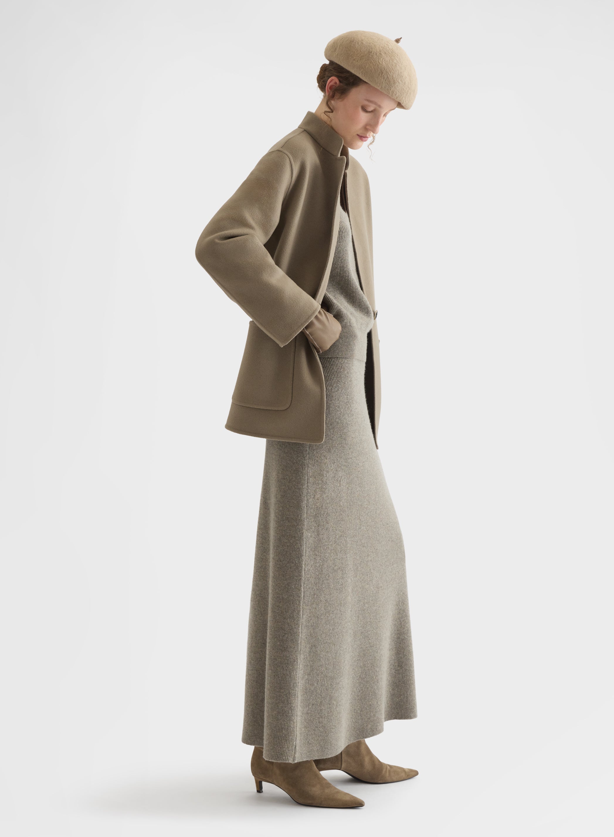 CASHMERE ENGLISH RIB HIGH WAISTED MIDI SKIRT SAND