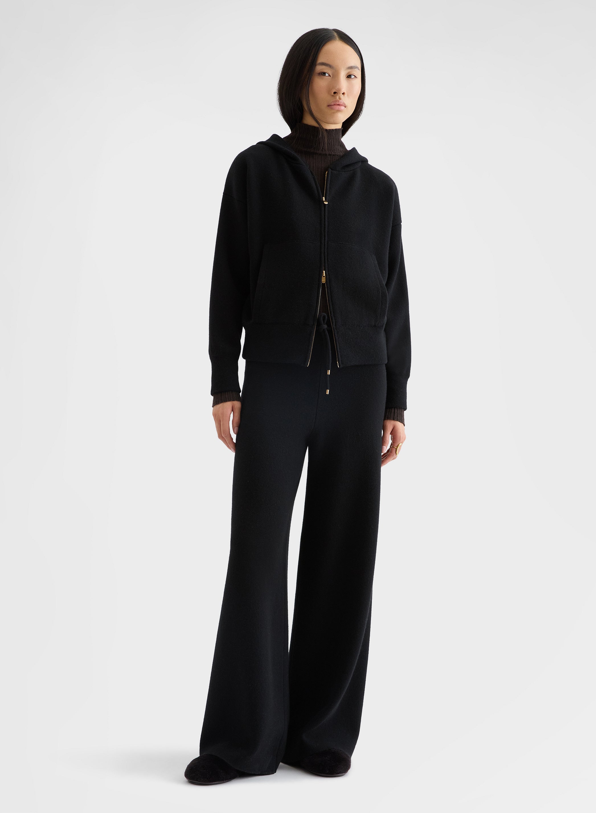 CASHMERE WOOL SILK ZIP-THROUGH HOODIE BLACK
