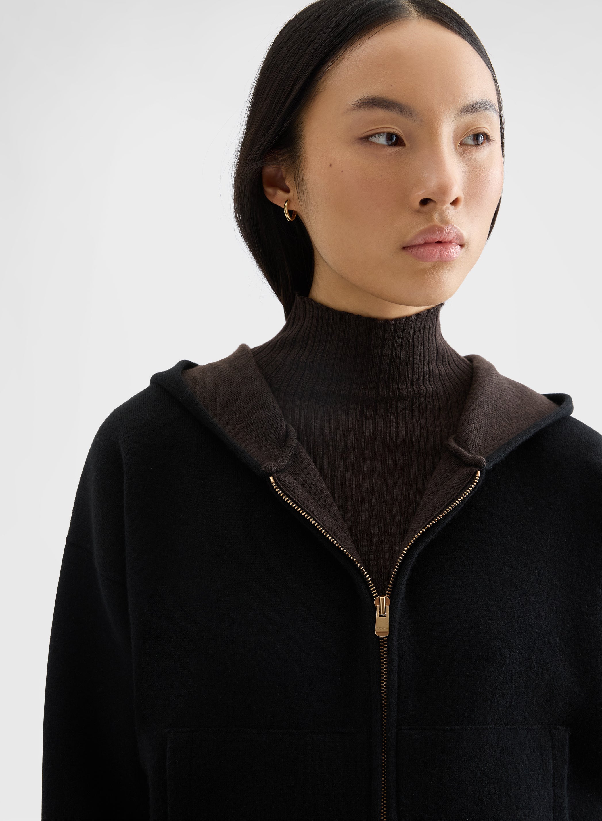CASHMERE WOOL SILK ZIP-THROUGH HOODIE BLACK