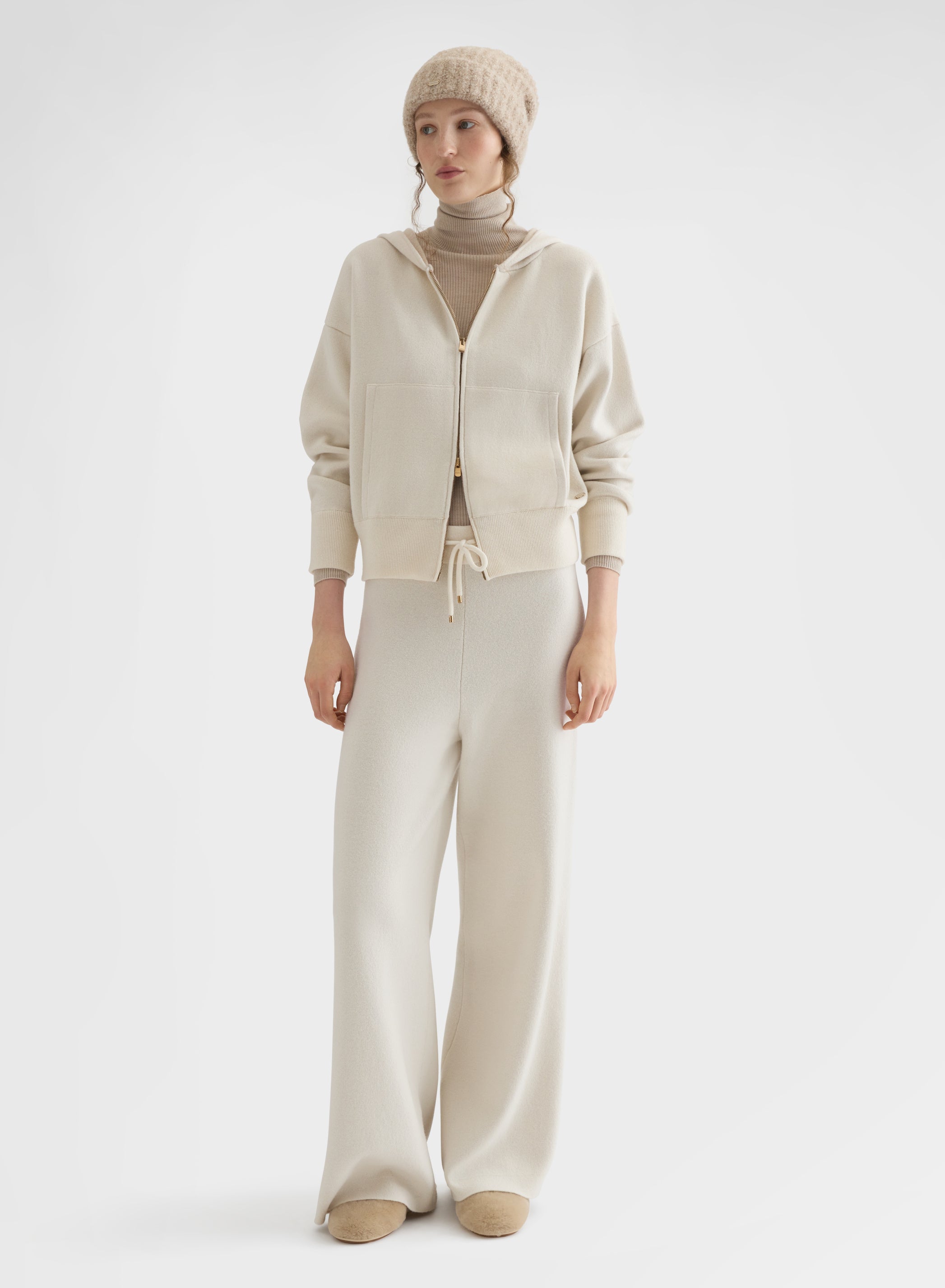 CASHMERE WOOL SILK ZIP-THROUGH HOODIE WHITE
