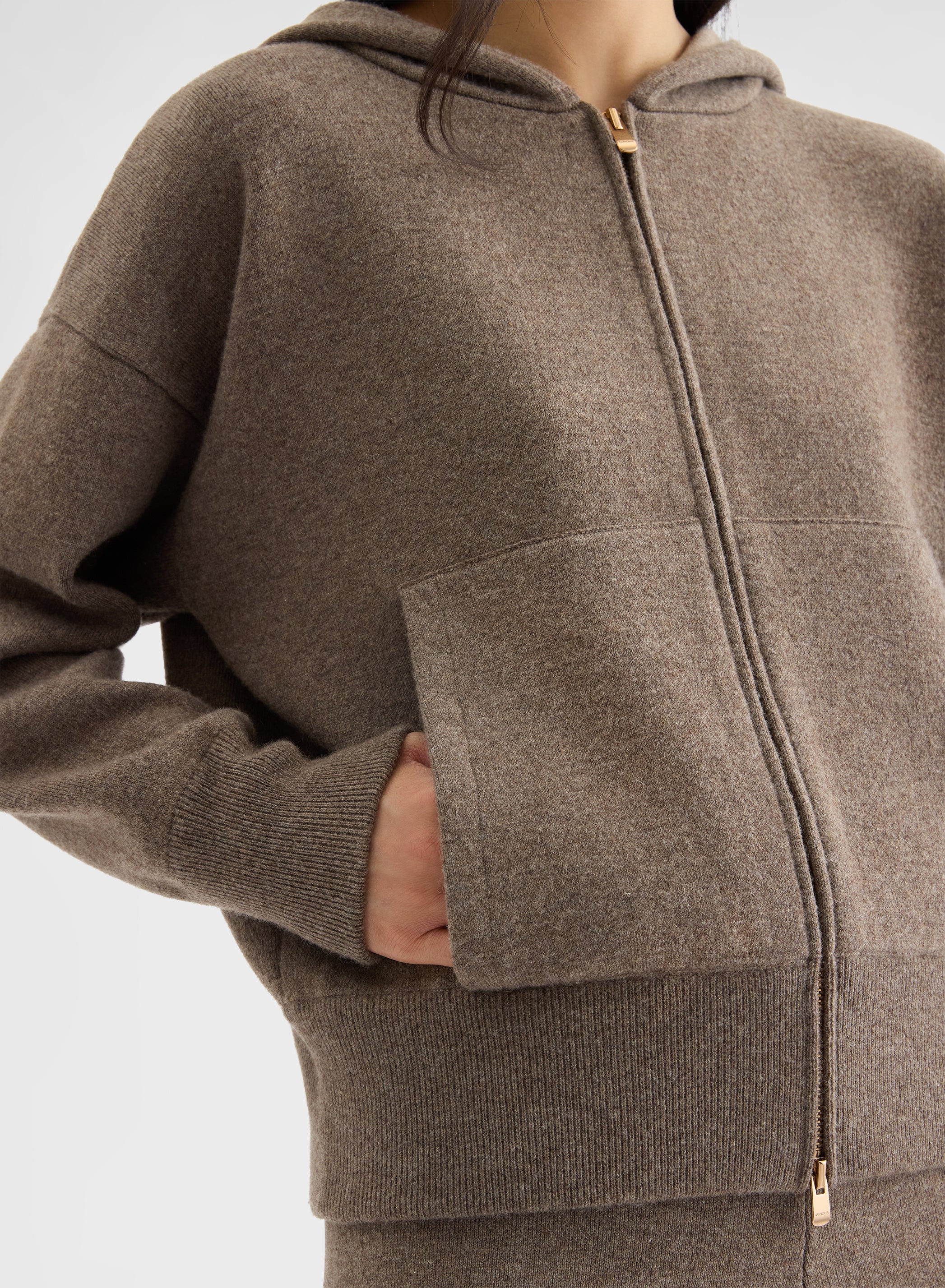 CASHMERE WOOL SILK ZIP-THROUGH HOODIE MOCHA