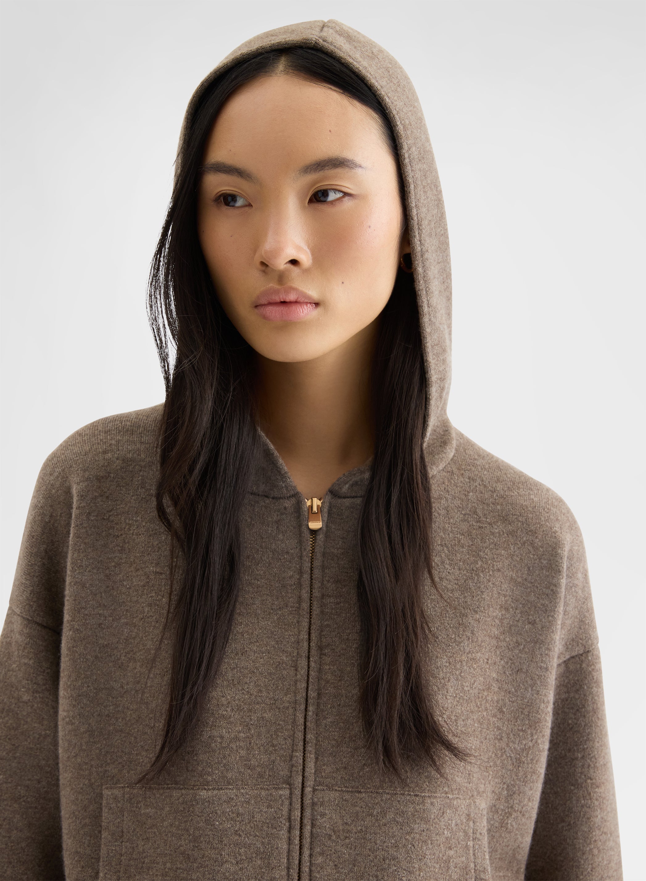 CASHMERE WOOL SILK ZIP-THROUGH HOODIE MOCHA