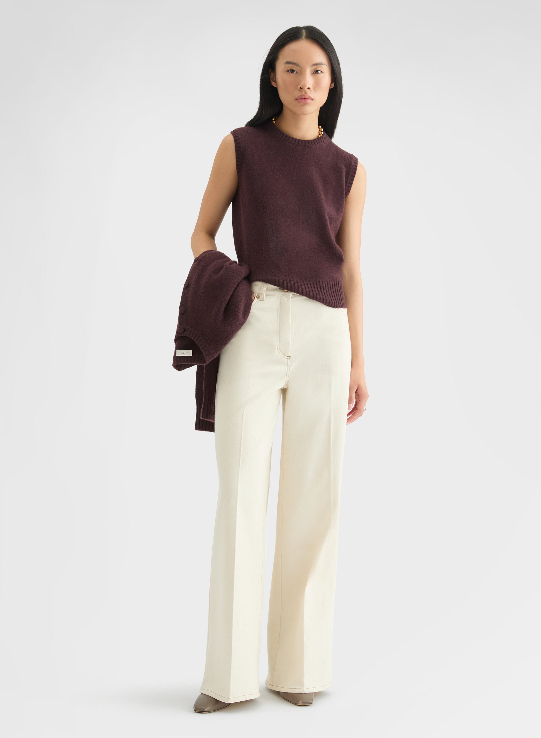 CASHMERE PLAIN KNIT LIPSTICK CREWNECK TOP BURGUNDY