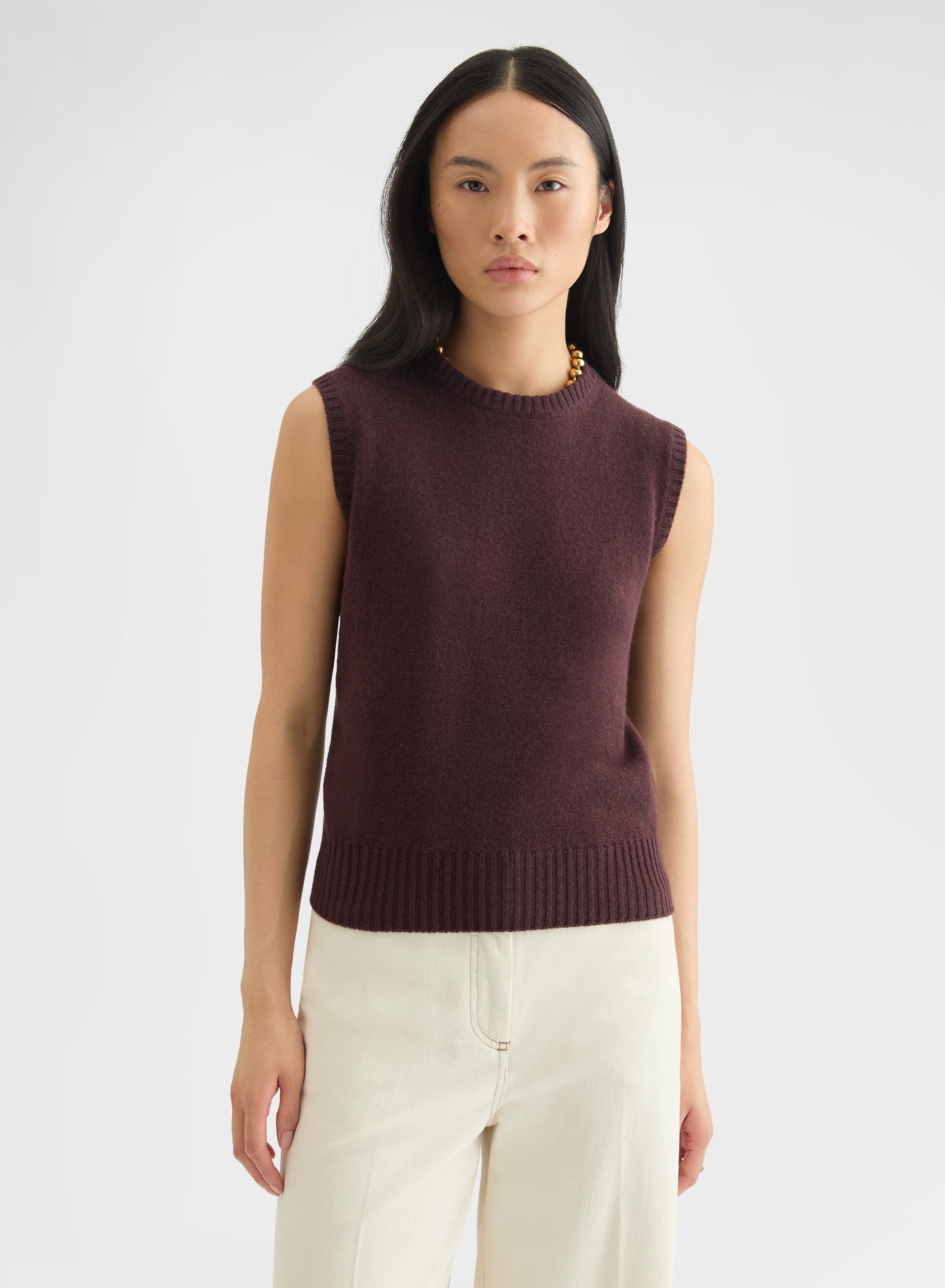 CASHMERE PLAIN KNIT LIPSTICK CREWNECK TOP BURGUNDY