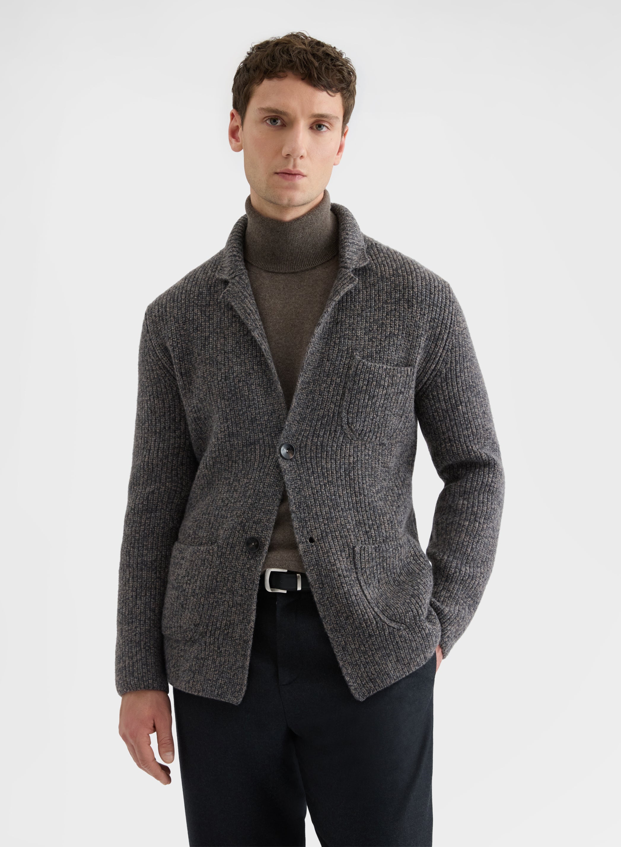 WOOL CASHMERE PEARL STITCH CARDIGAN JACKET CHARCOAL
