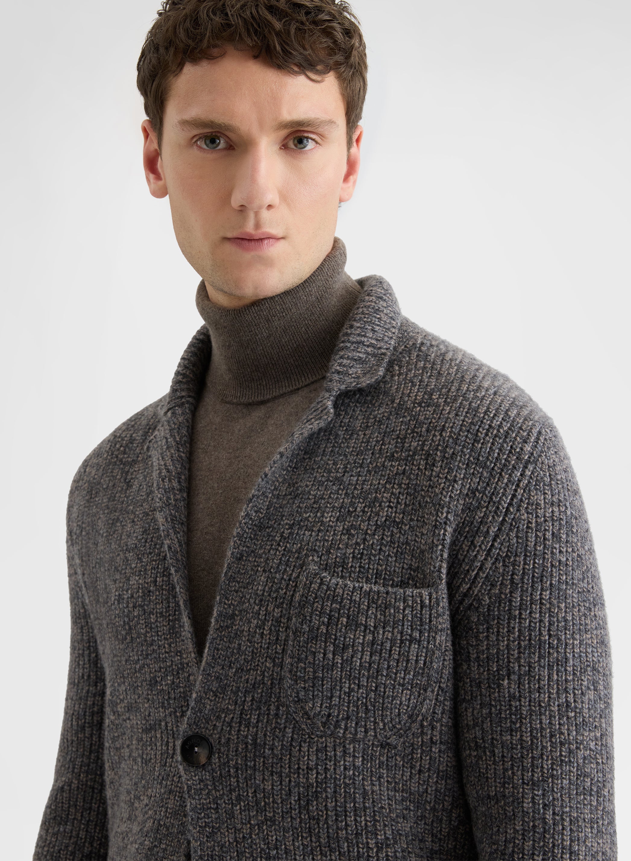 WOOL CASHMERE PEARL STITCH CARDIGAN JACKET CHARCOAL