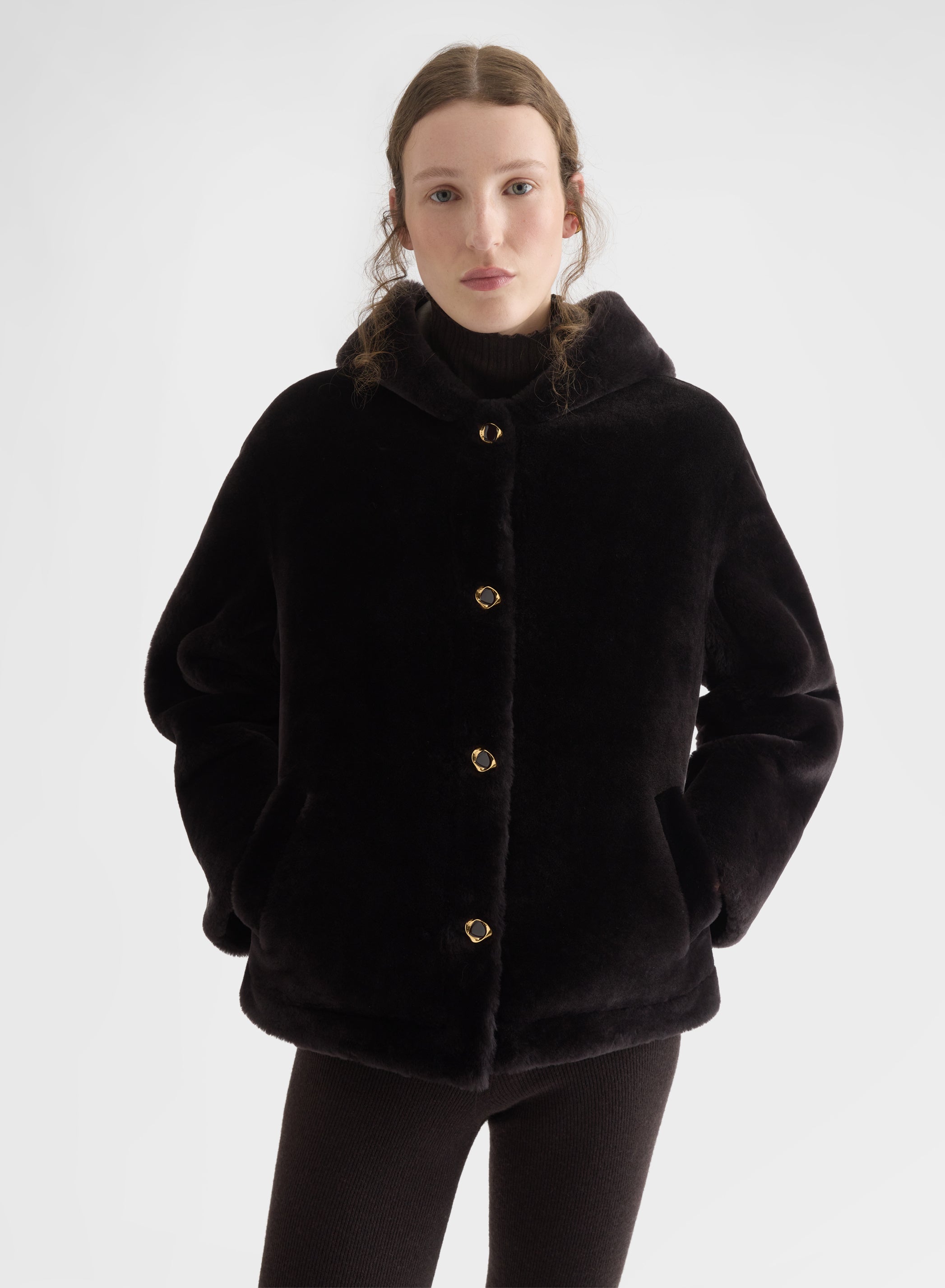 VELVET SHEARLING HOODED JACKET