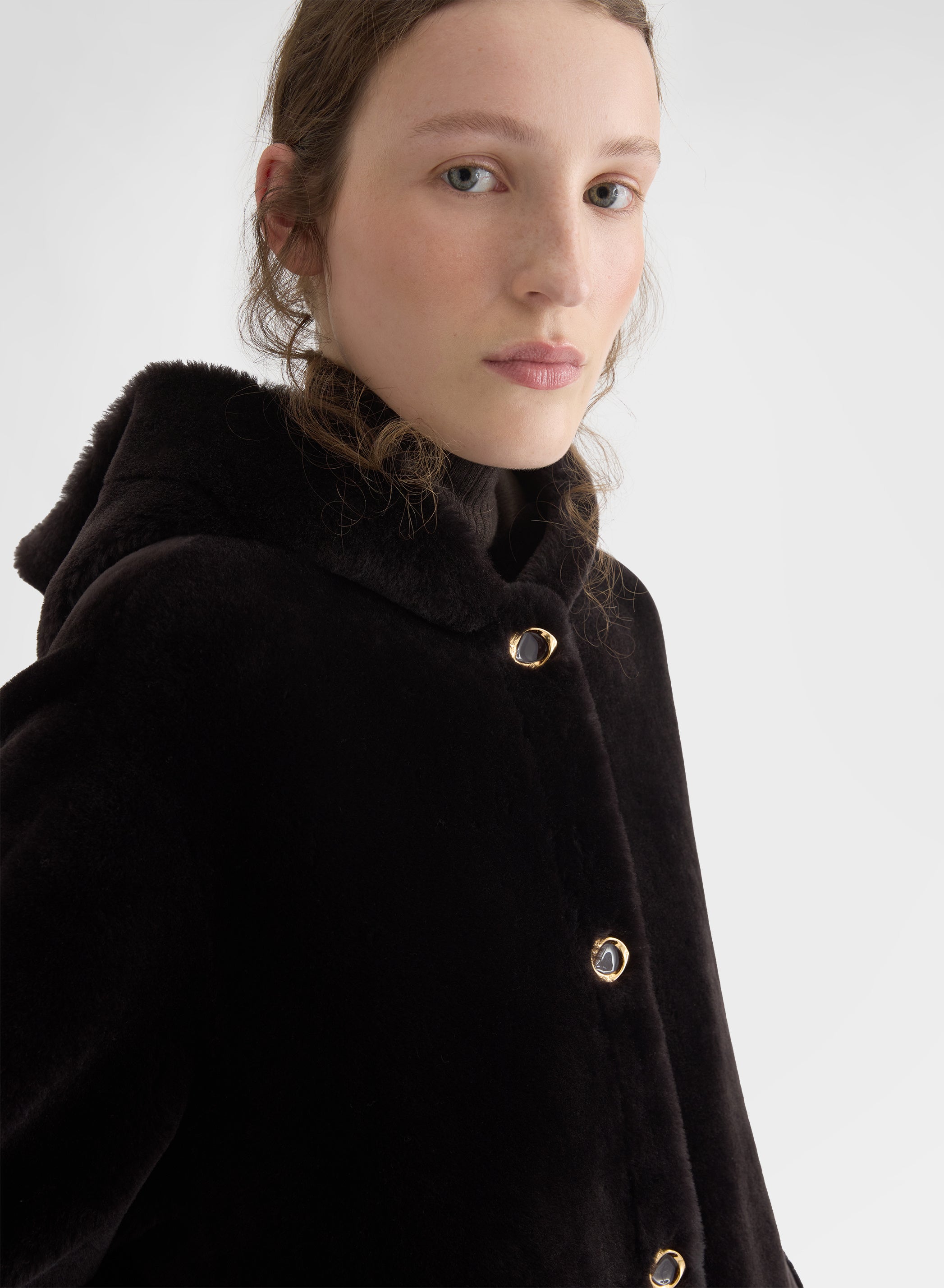 VELVET SHEARLING HOODED JACKET